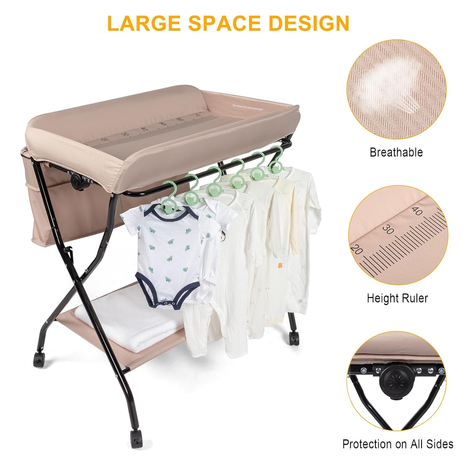 JOYMOR Baby Changing Table Folding Diaper Changing Station with Wheels, Adjustable Height Mobile Nursery Organizer with Large Storage Shelf for Infant and Newborn Baby (Beige)