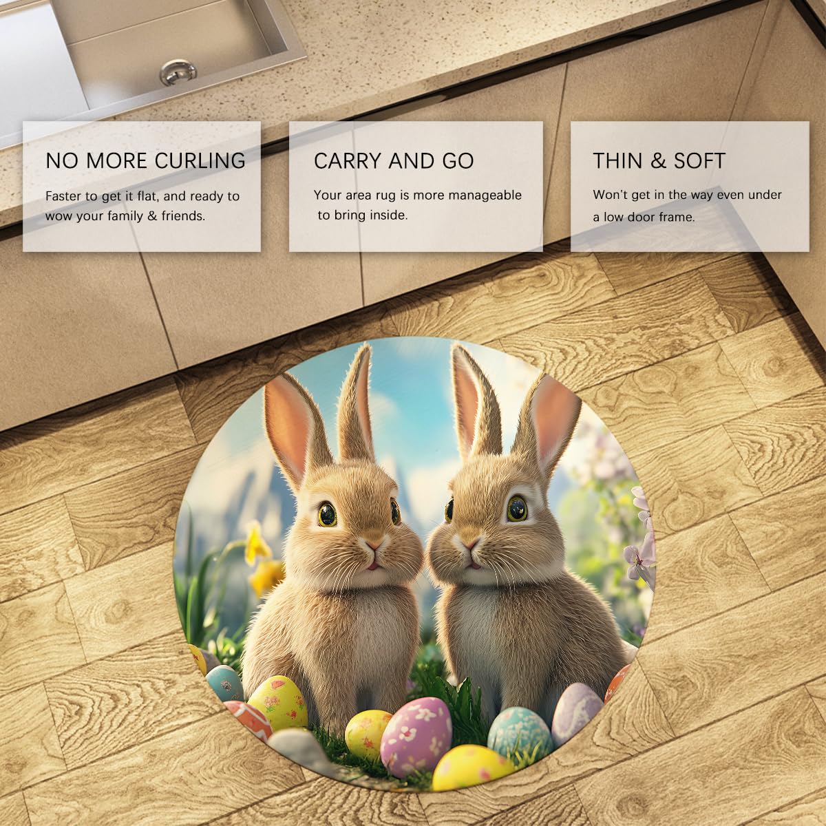 Alfombra temática Pascua 140cm Conejitos adorables y Huevos Festivos Estampado Sala bebé Fina Alfombras Redondas Antideslizantes Jardín Primavera Decoración del hogar