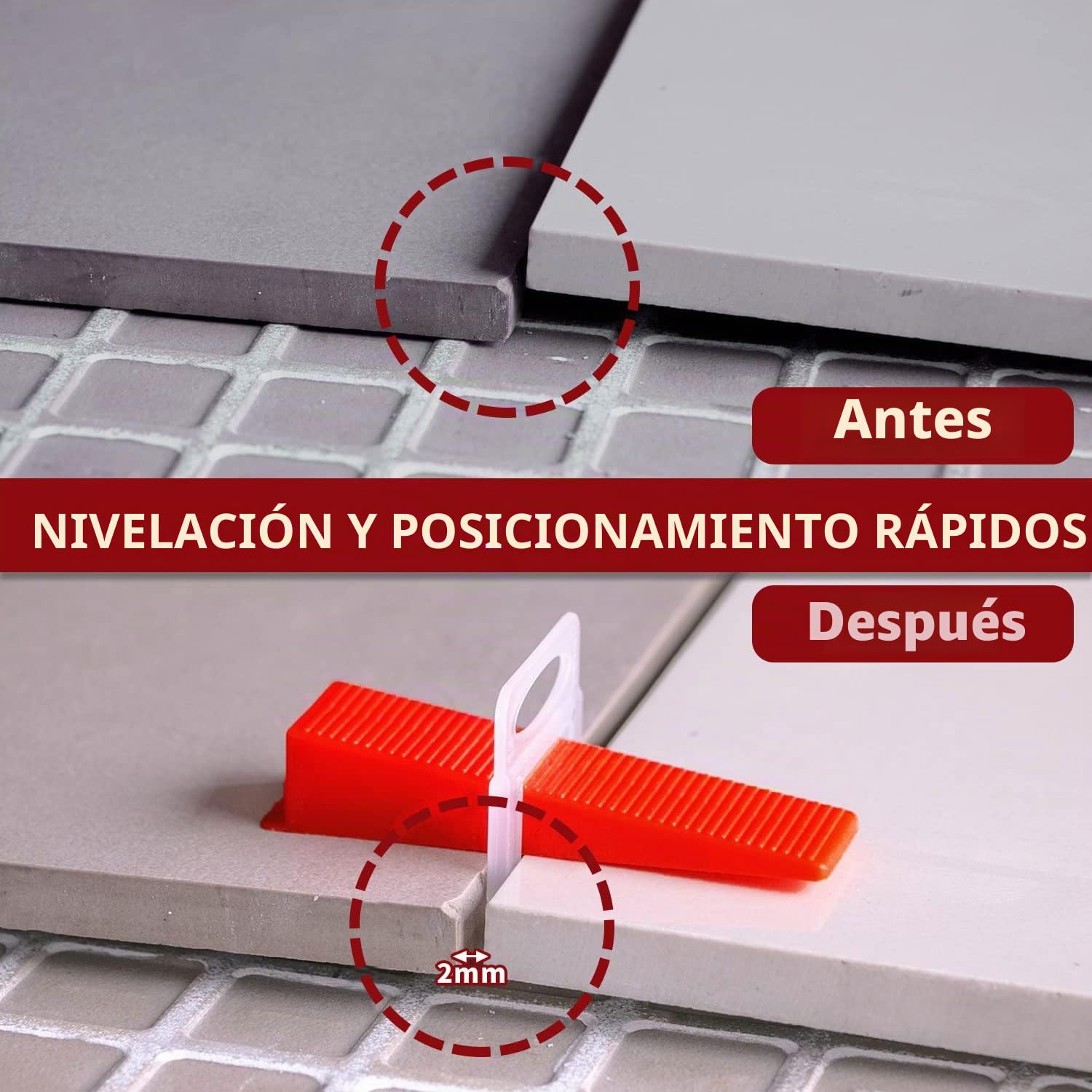 B-055-B 700 Piezas De Cuñas Niveladoras Suelo Sistema Nivelacion Azulejos Con 600 Clips Separadores De Baldosas De Mm y 100 Piezas De Cuñas Niveladoras Reutilizables