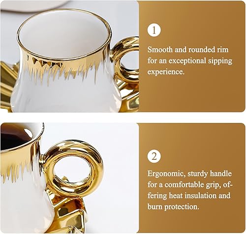Miniatura 2 de Juego de 6 tazas de café turco de cerámica de 3.5 onzas, tazas y platillos de porcelana para capuchino italiano británico con ribete dorado