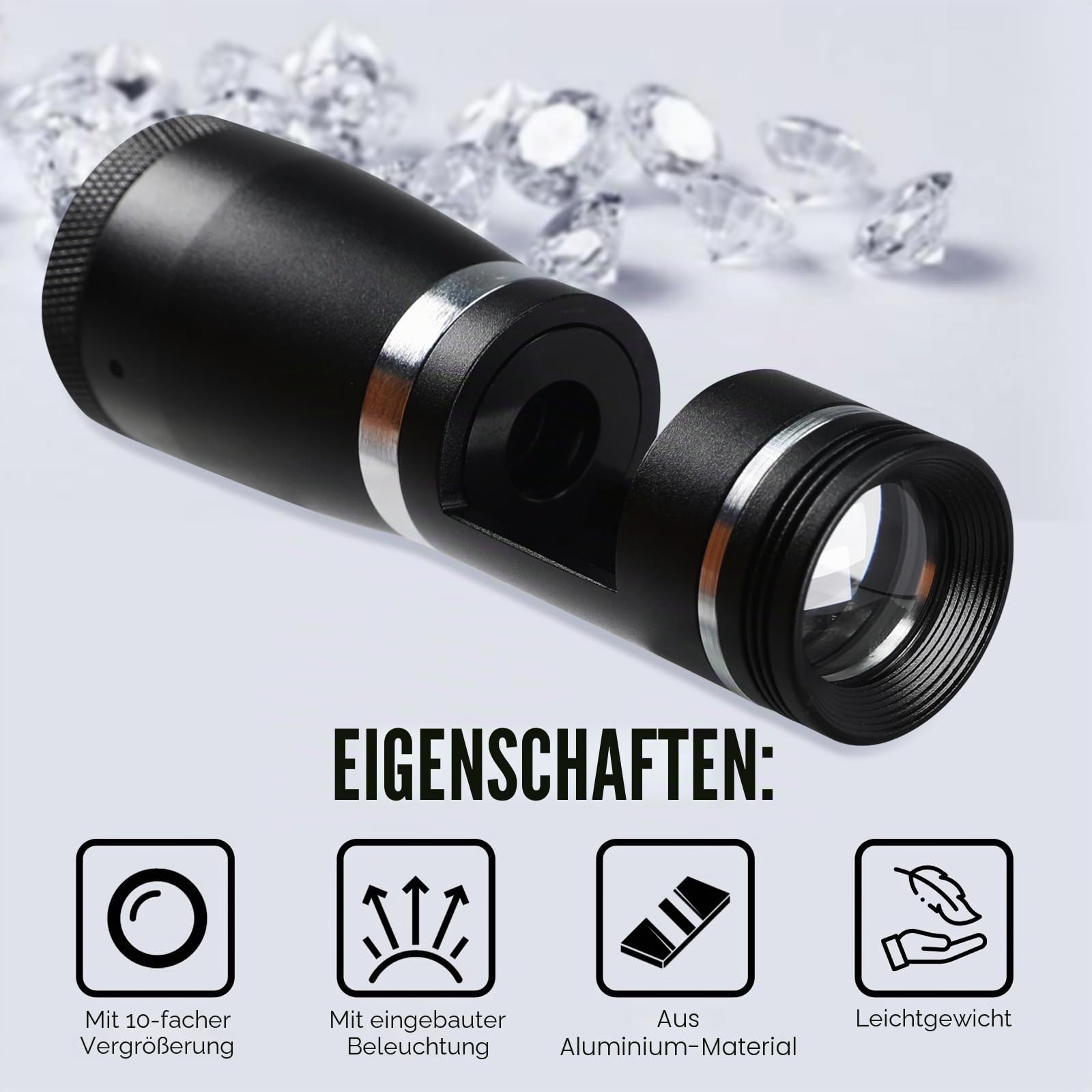 10-fache Triplettlinse, 20,5 mm Vergrößerung, Dunkelfeldlupe mit integriertem LED-Licht, kompaktes Aluminium-Design, optisches Glas, tragbares Edelstein- und Mineralinspektionswerkzeug