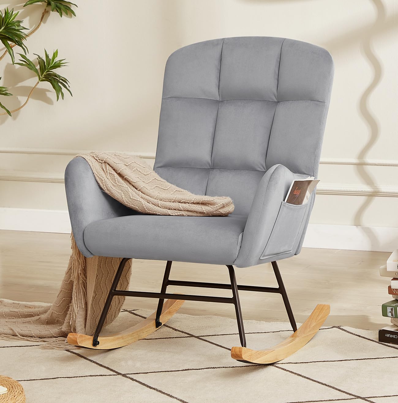 hansones Nursery Rocking Chair,Upholstered Glider Chair with High Backrest Armchair Chair for Living Room Bedroom Offices (Grey Velvet)