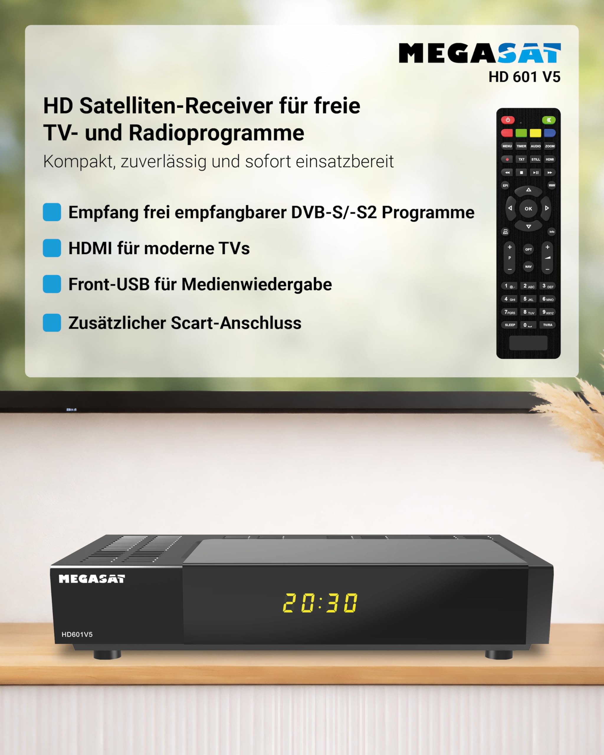 Megasat HD 601 V5 – HD Sat-Receiver, HDMI, SCART – Schwarz | Für alle frei empfangbaren Sender, USB-Mediaplayer, Display