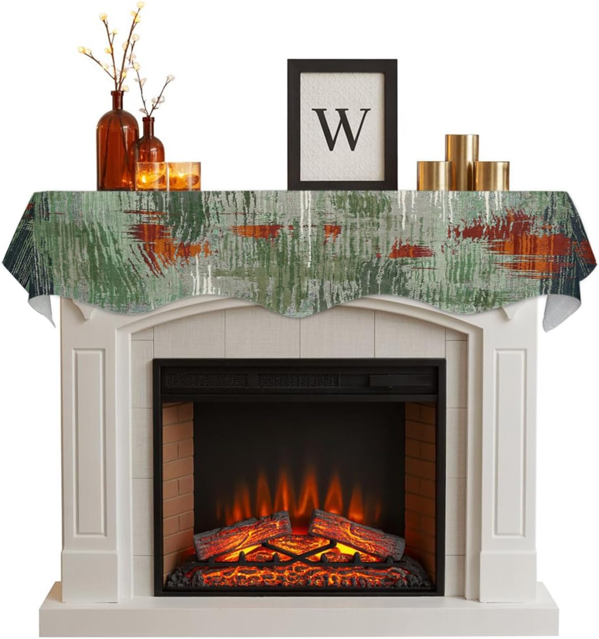Green Grey Red Fireplace Mantel Scarf, Thanksgiving Mantel Decorations for Fireplace, Vintage Abstract Chic Gradient Aesthetic Mantel Scarf Covers Party Supplies for Living Room, 60x17 Inch