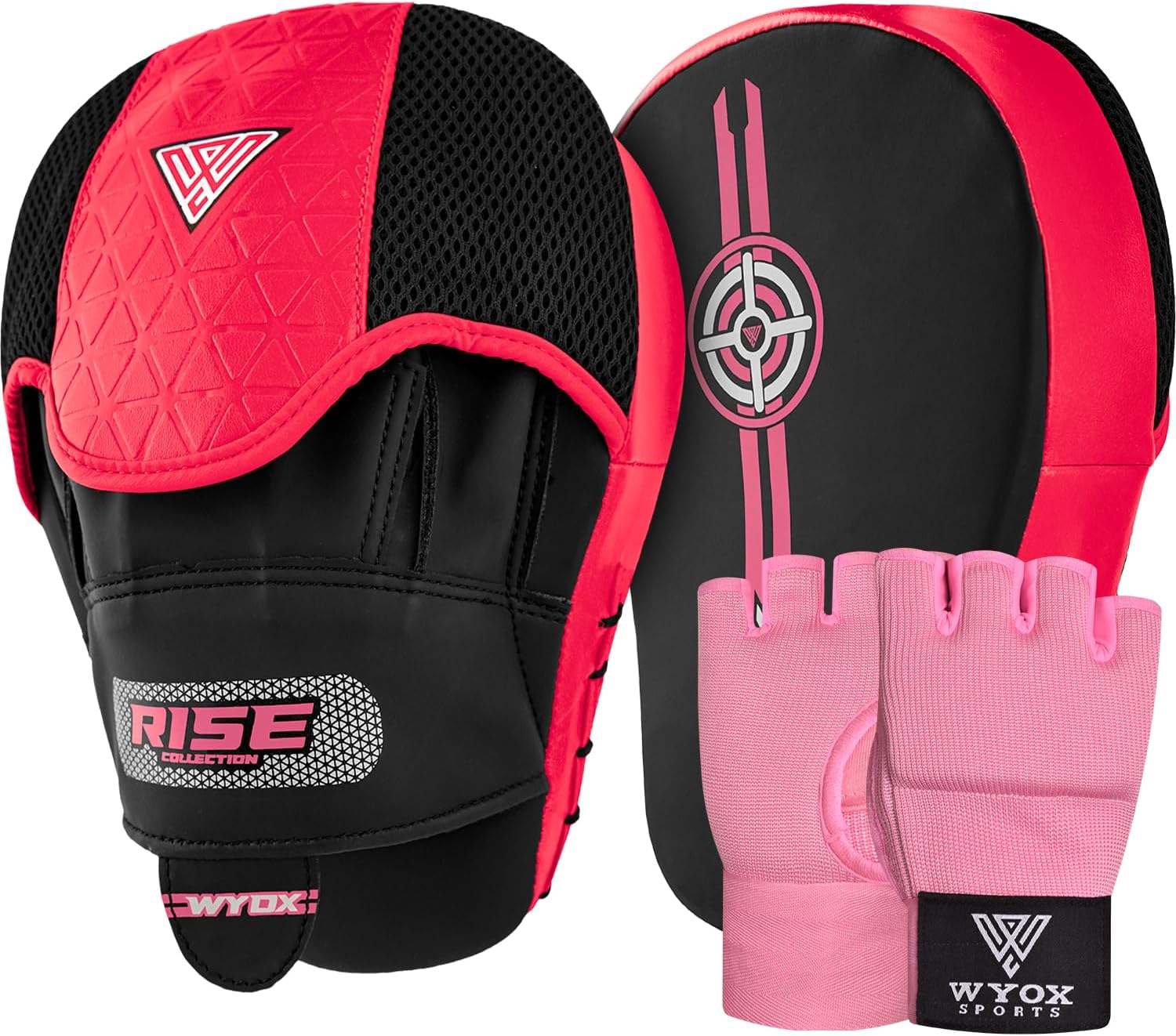 WYOX Boxing Focus Pads & Gel Inner Gloves Set – Premium Punch Mitts & Hand Wraps Training Gear for Boxing, Kickboxing, MMA, Muay Thai, Karate, Martial Arts, Sparring, Fitness, Gym, Home Workouts & Par