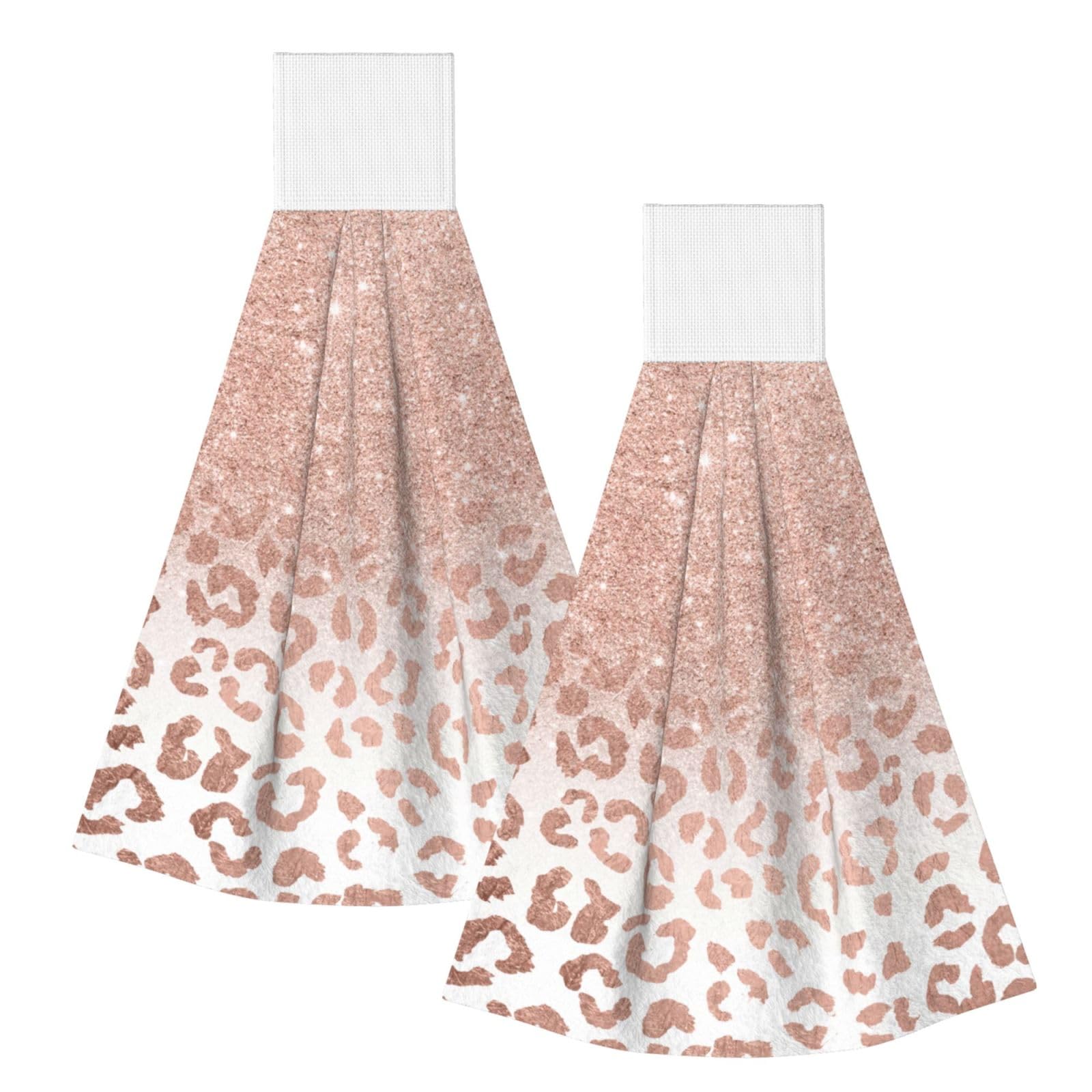 DOPKLNA Trendy Faux Rose Gold Glitter Ombre Leopard, 2 Pcs Hanging Coral Fiber Hand Towels for Bathroom, Absorbent Kitchen Towels