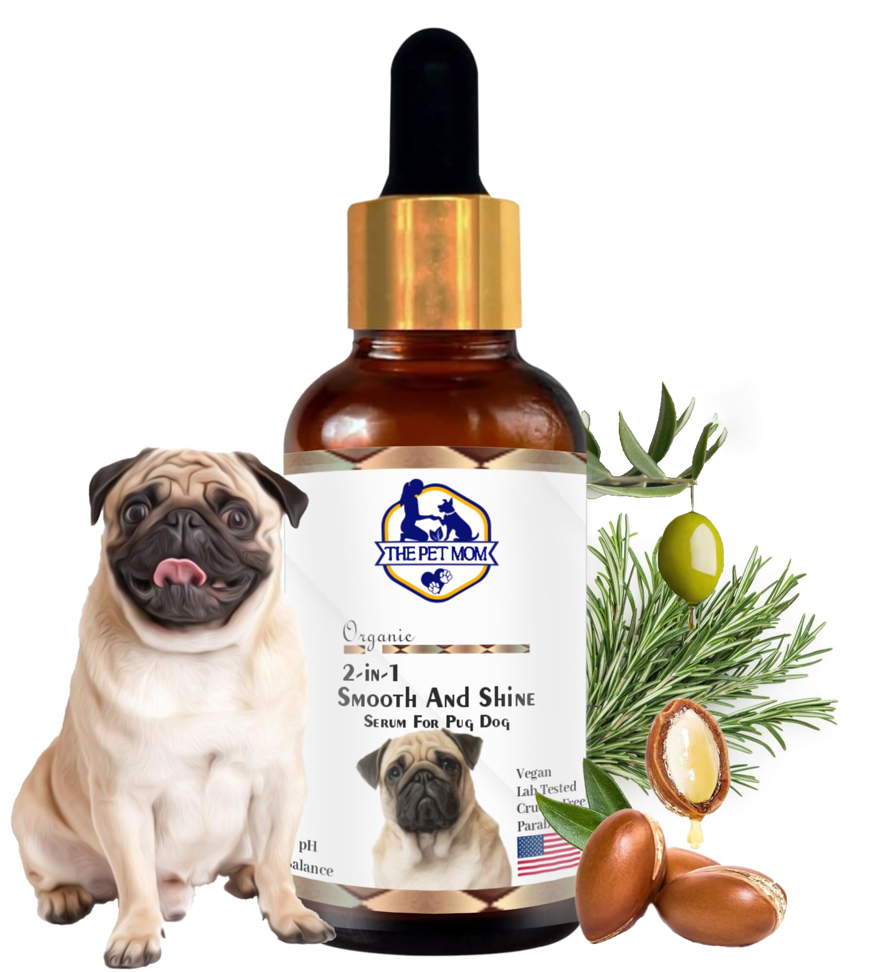 The Pet Mom Organic 2 In 1 Smooth & Shine Dog Serum For Pug Dog, Puppy | Serum For Silky, Smooth & Frizz-Free Hair With Goodness Of Vitamin E, Argon Oil, Oliver Oil, Rosemary Oil | All Dog Breed –30ml