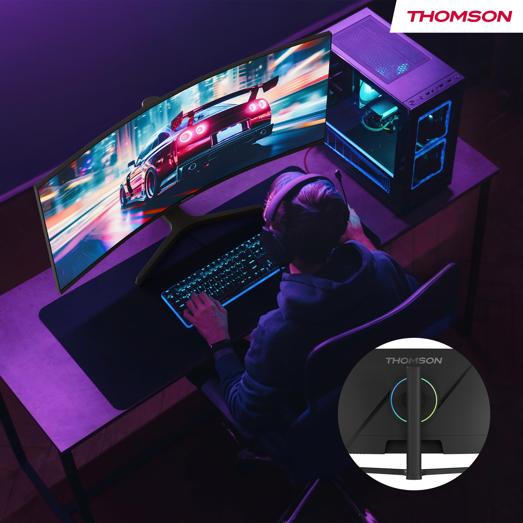 THOMSON Gaming Monitor 34 Pulgadas UWQHD Monitor, 240Hz VA EyeCare Display, 1ms, Adaptive Sync, Speaker, HDR10, HDMI&DP, M34QG7Y14C