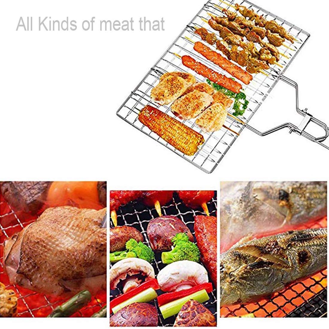 RWRAPS Griglia per Barbecue, Rete per Barbecue all'aperto Piastra per Barbecue da Picnic Accessori per Barbecue da Cucina Utensile da Cucina Durevole con Manico, Acciaio Inossidabile