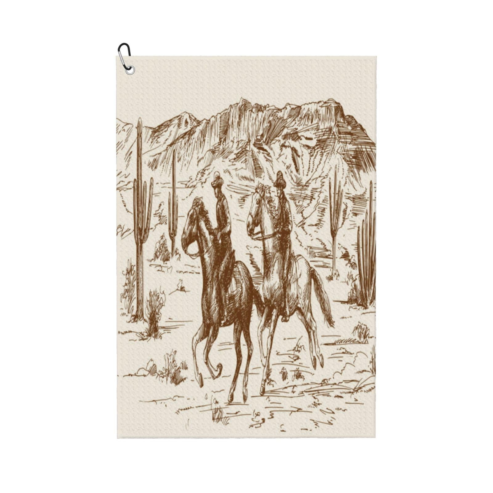 AOOEDM Western Desert Cowboys1 Print Golf Towel with Carabiner Clip Absorbent Microfiber Golf Towel for Cleaning Golf Ball Club Putter Iron for Golf Bag Trolly Belt Loop 16" X 24"