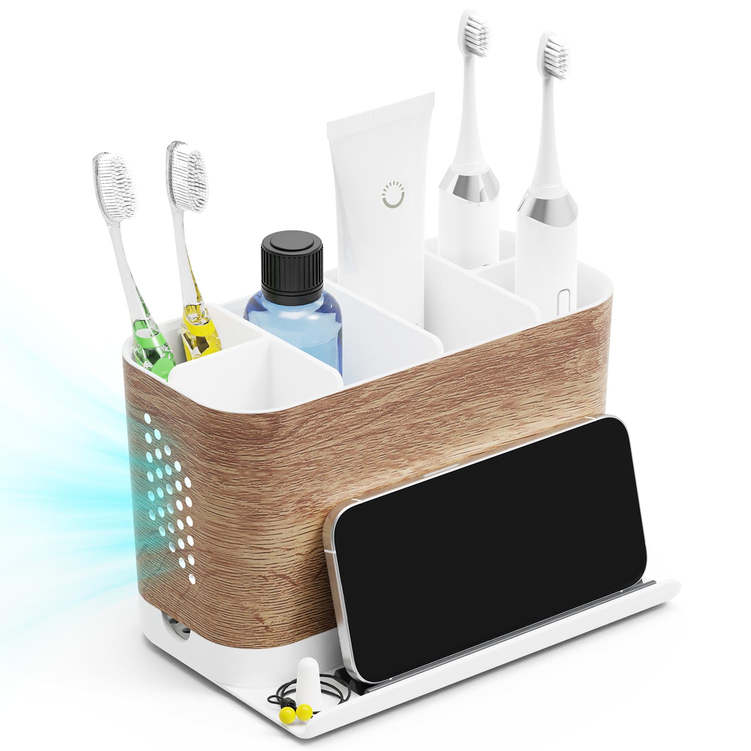 Portaspazzolino famiglia grande, effetto legno, organizer per spazzolini da denti, con supporto per telefono e divisori regolabili, facile da pulire, 6 scomparti, con scarico per famiglia, bambini