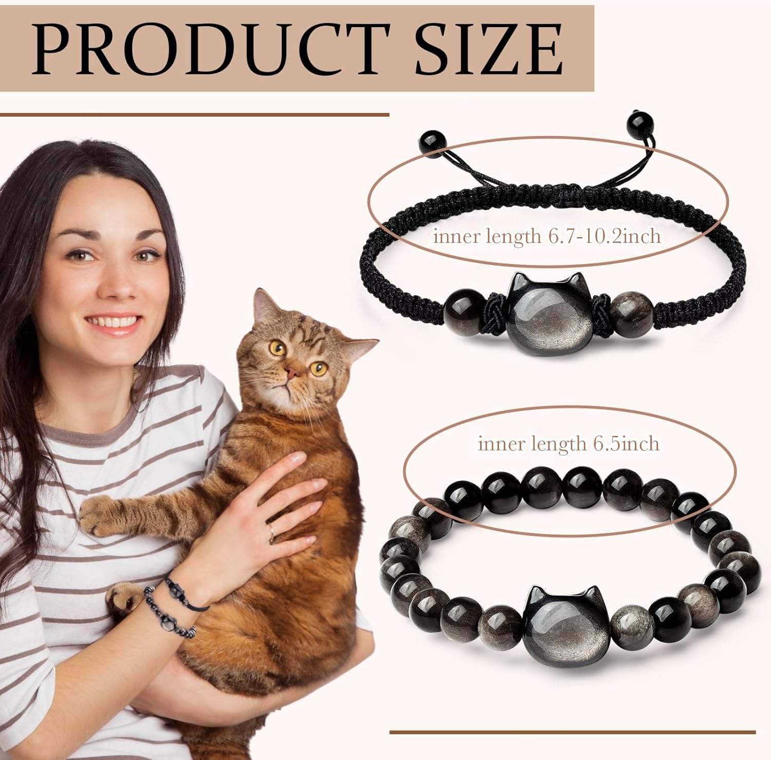 Black Obsidian Cat Bracelets Wealth & Good Luck Beaded Stretch Bracelets for Men Women, Feng Shui Rope Jewelry Gift - Image 2