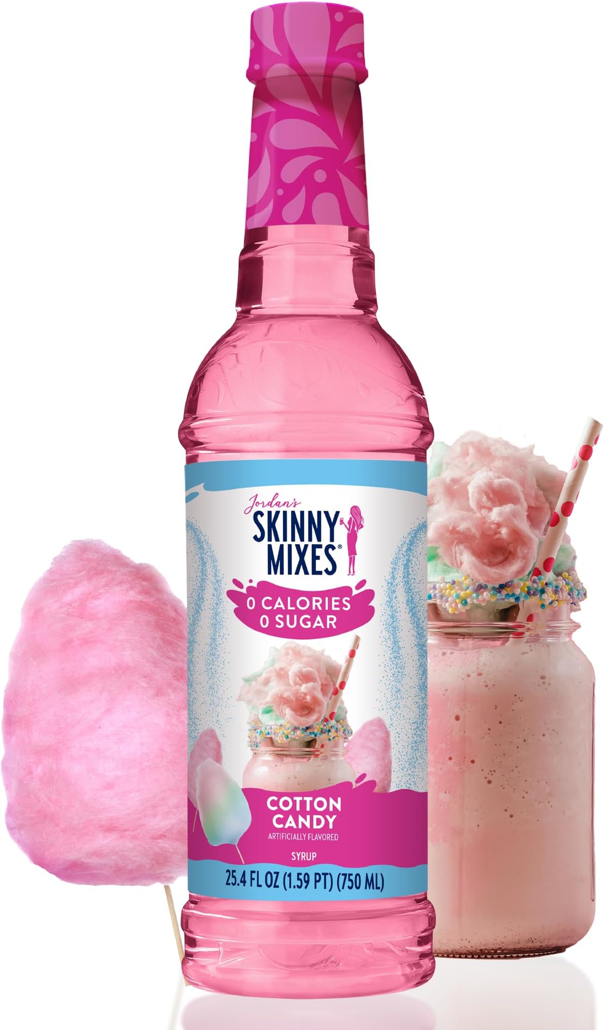 Jordan's Skinny Mixes Sugar Free Syrup, Cotton Candy Flavor, Fruit Flavored Water Enhancer, Drink Mix, Iced Tea, Lemonade, Drinks, Low Calorie Water Flavoring, Dairy & Gluten Free, Kosher, 25.4 Fl Oz
