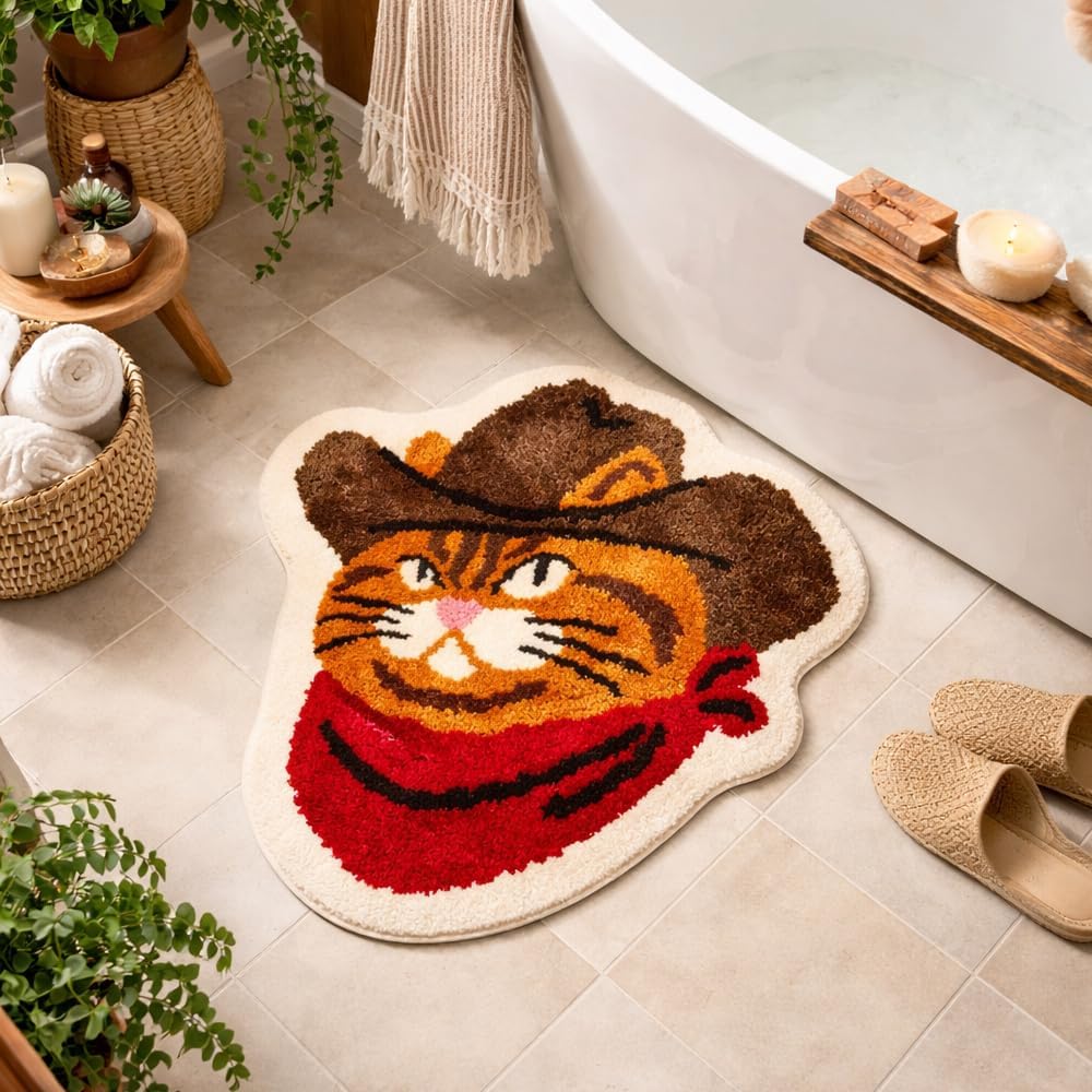 Percozzi Cat Bath Rug Funny Western Bath Mat Non Slip Washable Floor Mat with Western Cat Design Soft Tufted Plush Doormat for Bathroom Bedroom Room Indoor Gift for Pet Owner