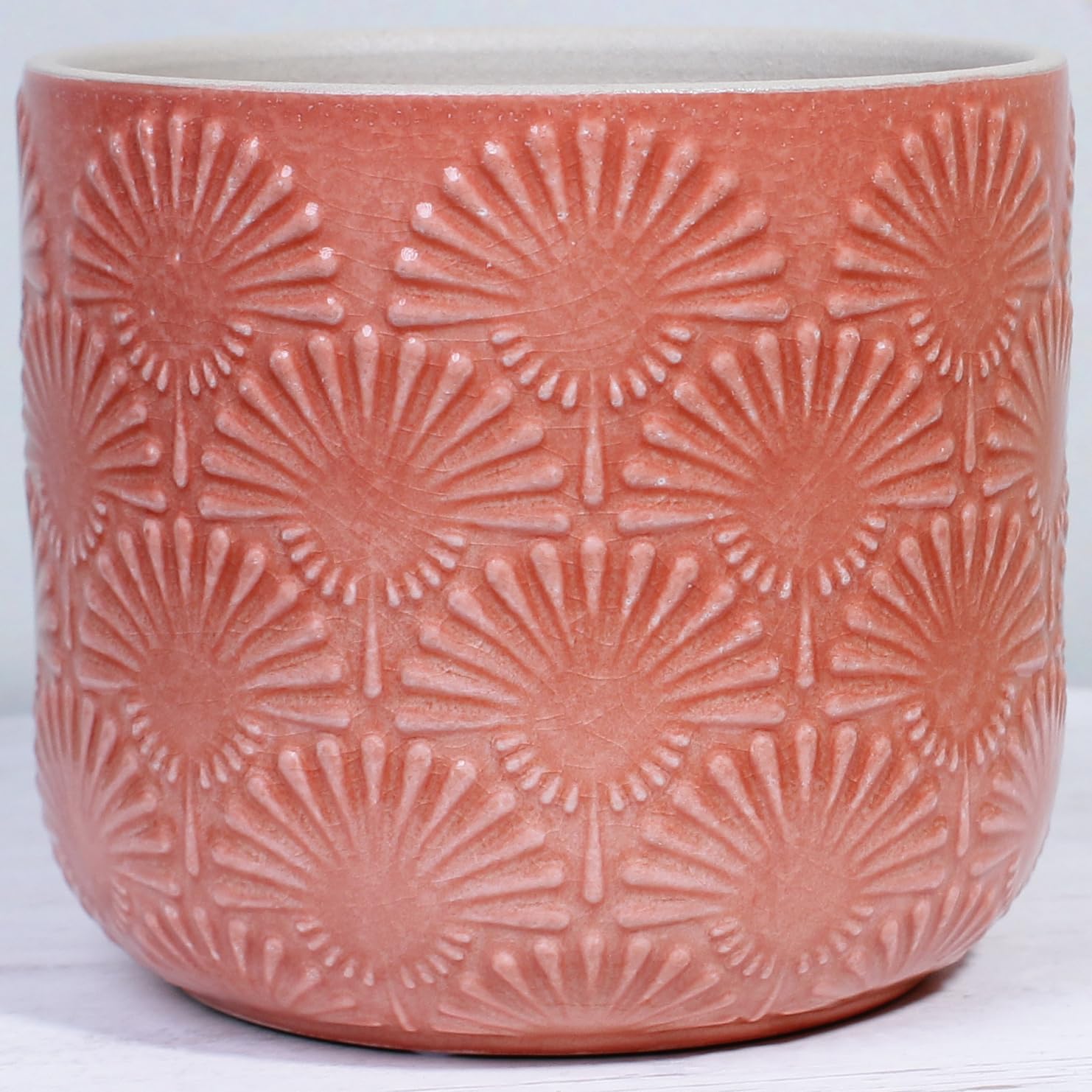 Xiaan Jiaju Vaso da fiori in ceramica goffrata, stile bohémien, 17 cm, moderno, per piante da interno, vaso decorativo smaltato con motivo Fanburst, corallo rosa cipria