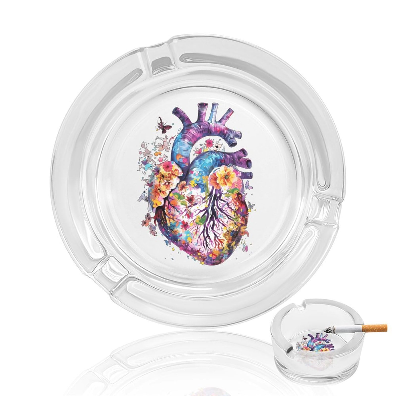 Anatomical Heart And Floral Ashtray Portable Round Glass Outdoor Ash Tray for Home Office Garden Pub