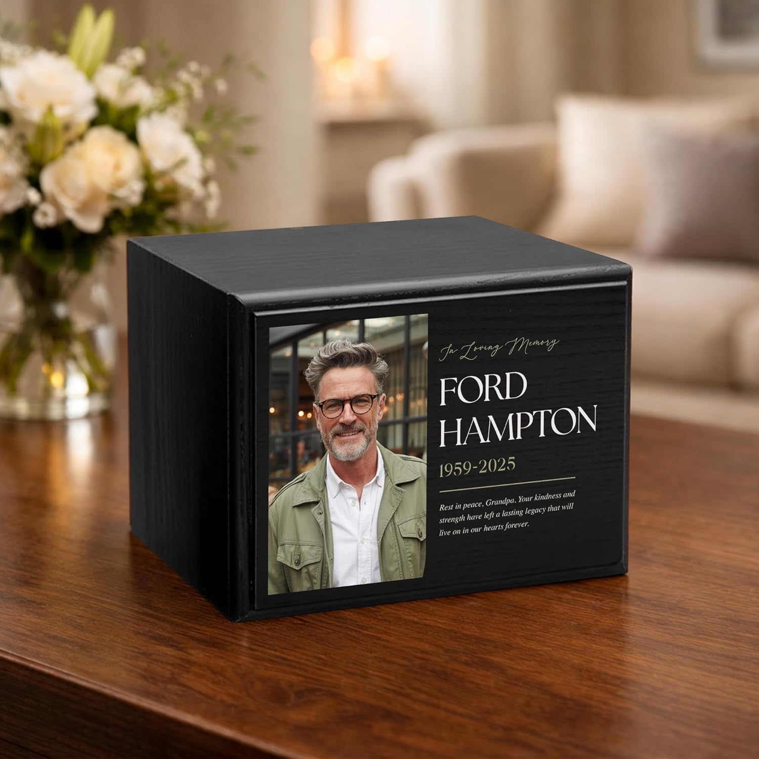 Personalized Wooden Urns for Human Ashes - Custom Cremation Urn for Adult up to 170 lbs - Add Your Photo and Text - Custom Burial Memorial Keepsake, Blk (Design 6) - Image 7