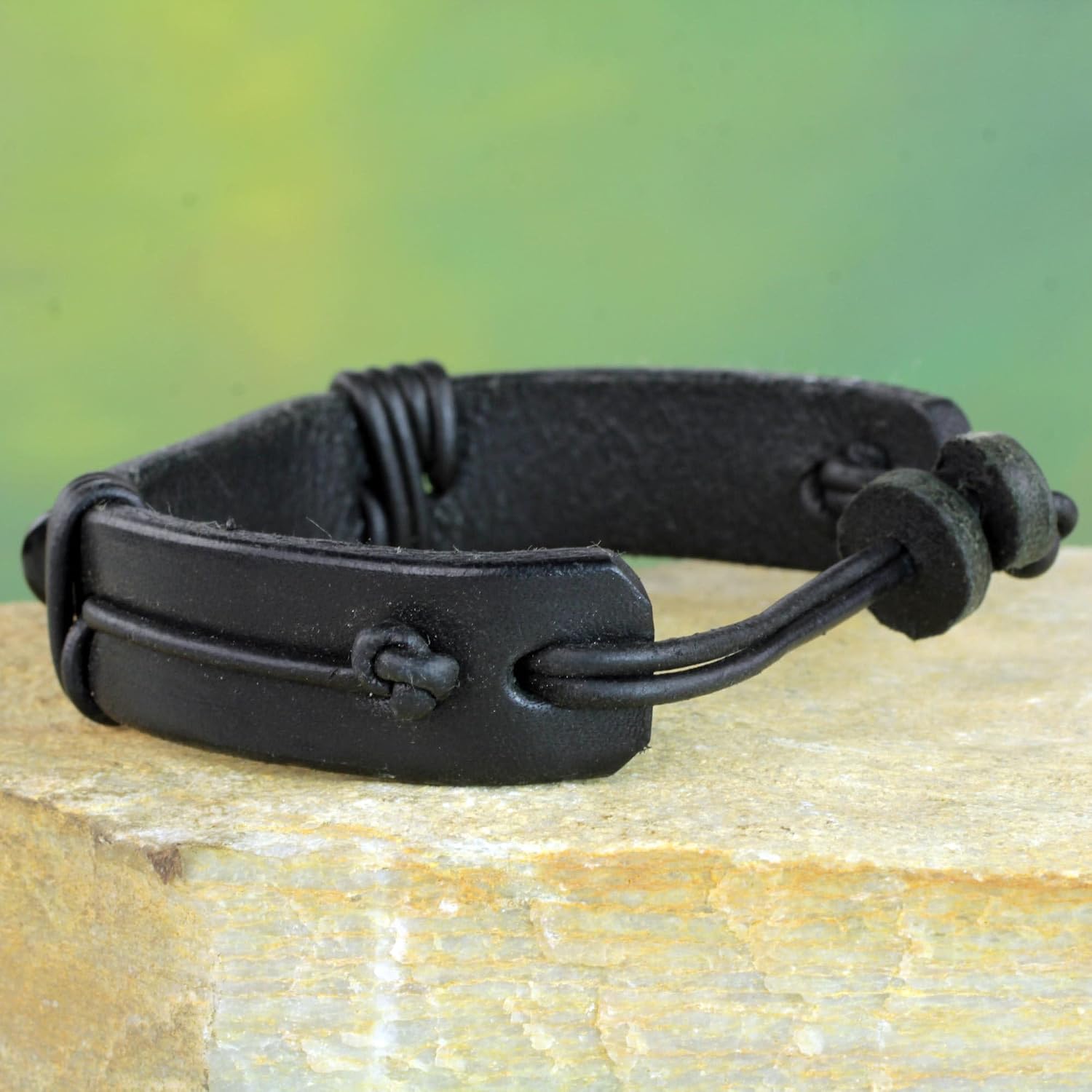 NOVICA Artisan Men's Leather and Horn Wristband Bracelet Black Ghana [8.75 in L x 0.6 in W] ' Bound Strength in Black'