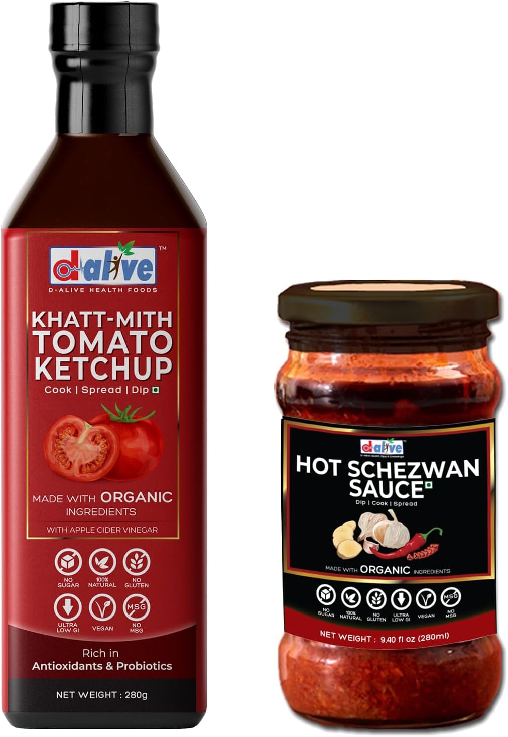 d alive Khatt-Mith Tomato Ketchup, Hot Schezwan Sauce,Sugar-Free, Organic, Gluten-Free, Low Carb, Vegan, Diabetes & Keto Friendly)-Made In Small Batches, Packed In Glass Bottles,280 Grams
