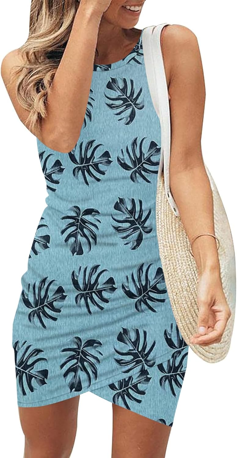 AUSELILY Womens Summer Bodycon Dresses 2025 Sleeveless Tank Dresses Casual Slim Fit Ruched Party Club Mini Dress