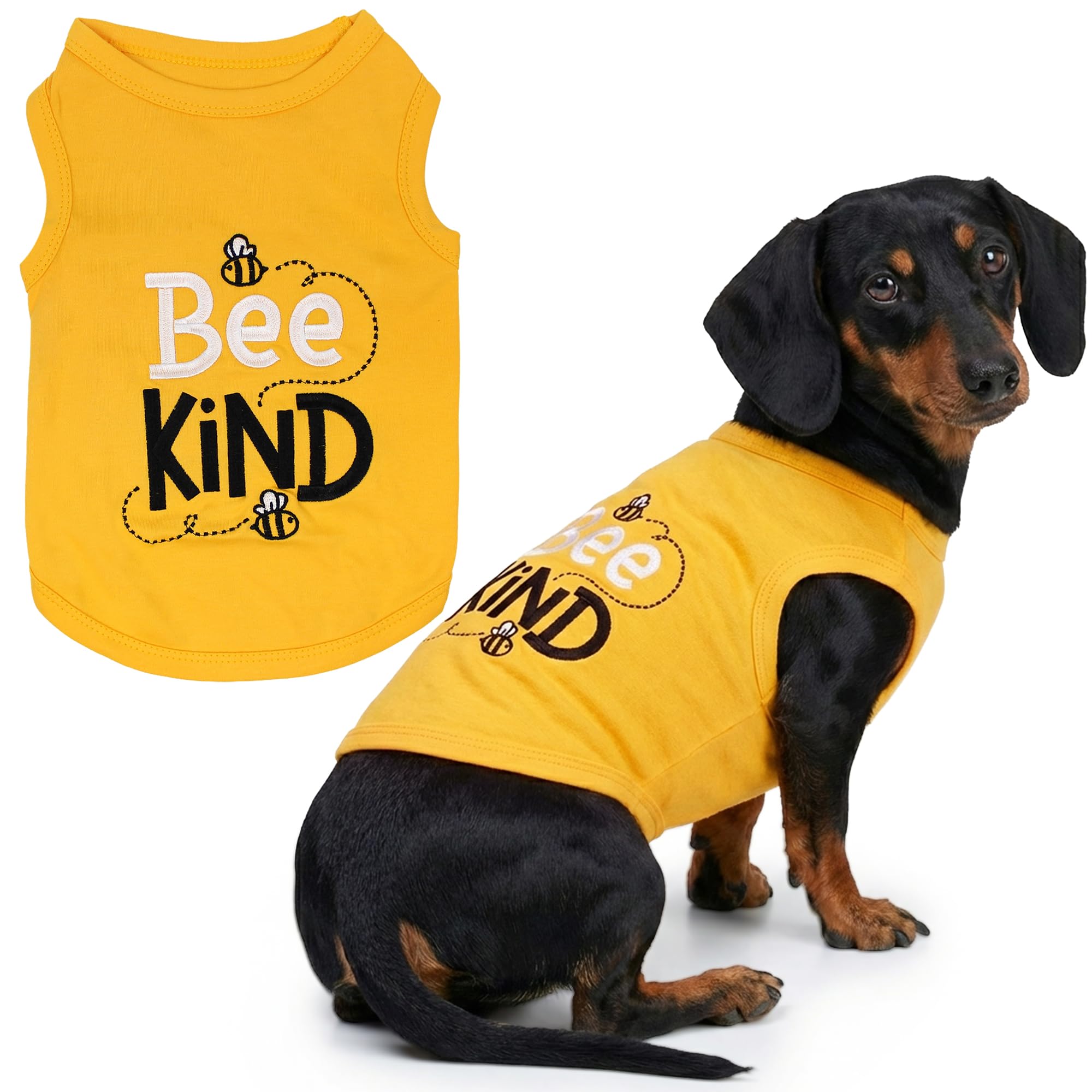 Parisian Pet Dog T-Shirt - Embroidered 'Bee Kind' Dog Shirt - Yellow, Cotton, Sleeveless, XL