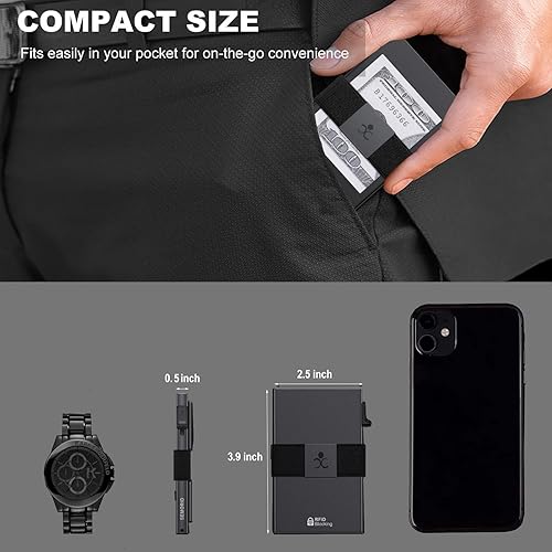 Miniatura 55 de Cartera delgada de aluminio para hombre, placa trasera expandible duradera, bloqueo RFID, billetera desplegable de metal minimalista, con capacidad