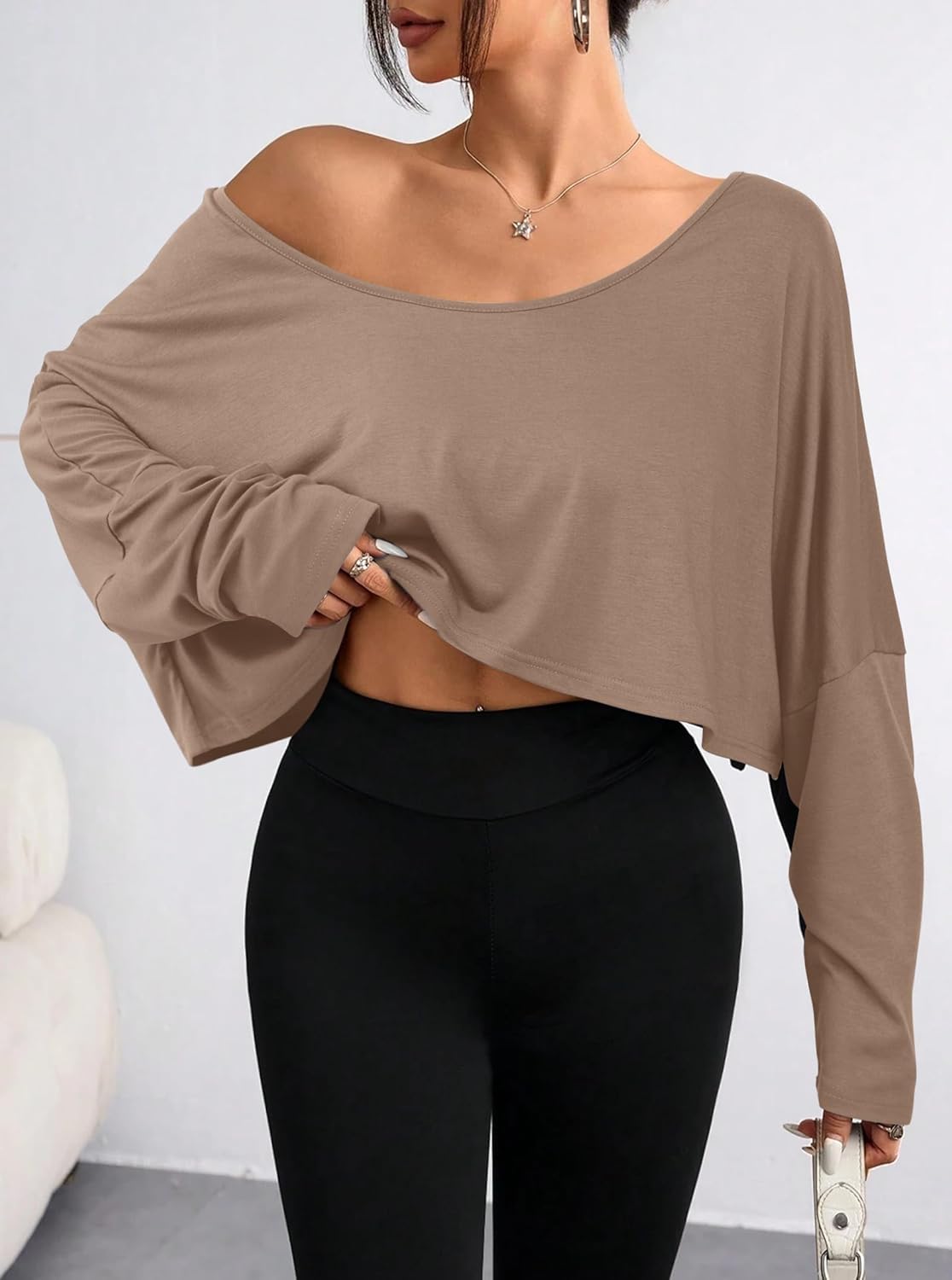 Hilinker Women's Sexy Boat Neck Casual Loose T Shirt Long Sleeve Off Shoulder Crop Tops - Image 3