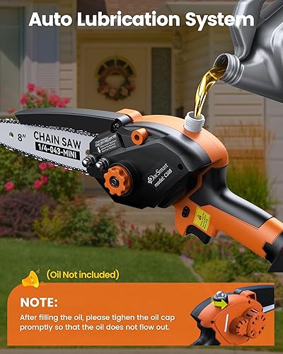 Miniatura 7 de Mini motosierra inalámbrica de 8 pulgadas y 6 pulgadas, sierra de cadena eléctrica con paquete de 2 baterías recargables, sierra de mano alimentada