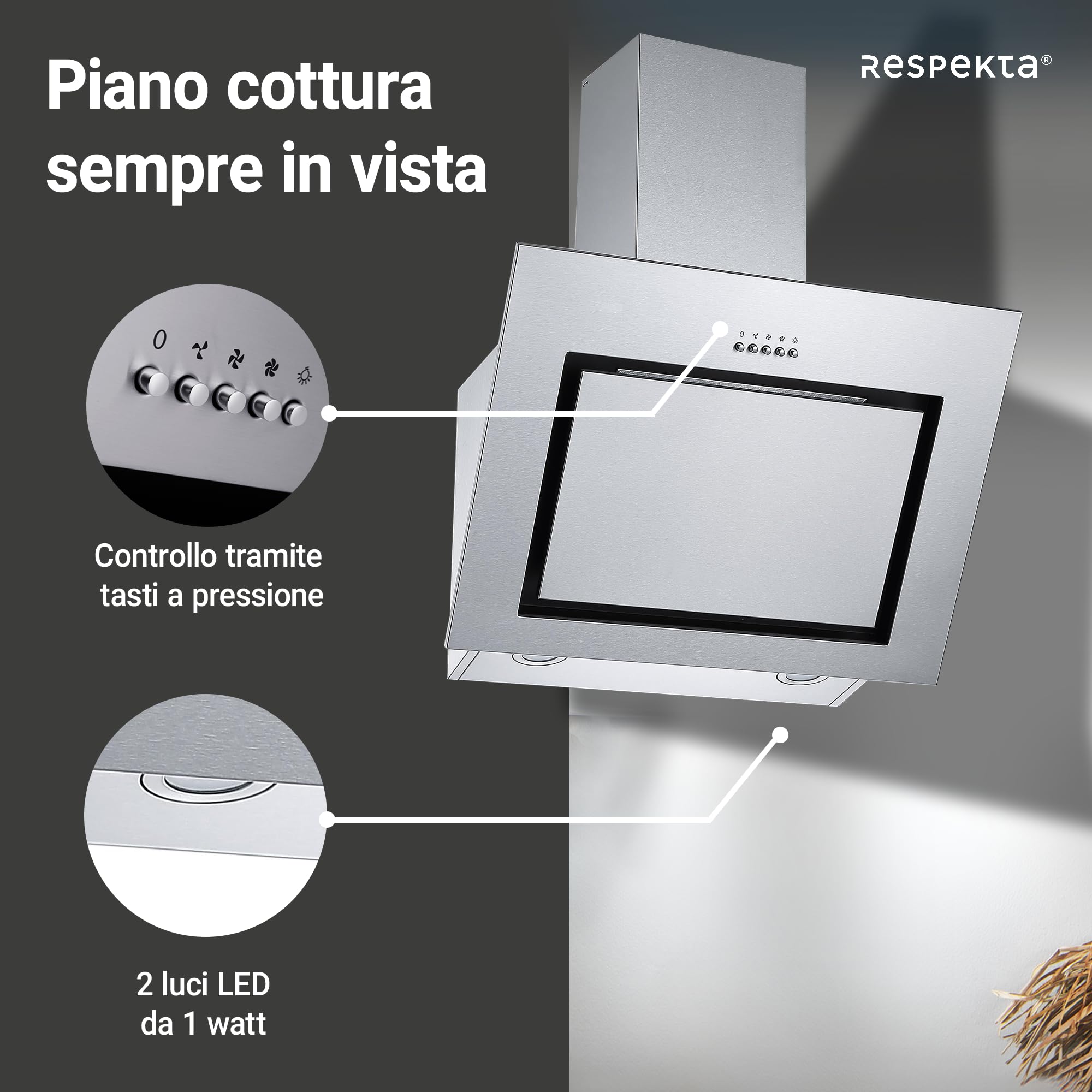Respekta Cappa aspirante senza ingombro/cappa inclinata 60 cm/struttura in acciaio inox/funzione di espulsione e ricircolo dell'aria / CH22020IXB / B / 58 – 63 dB