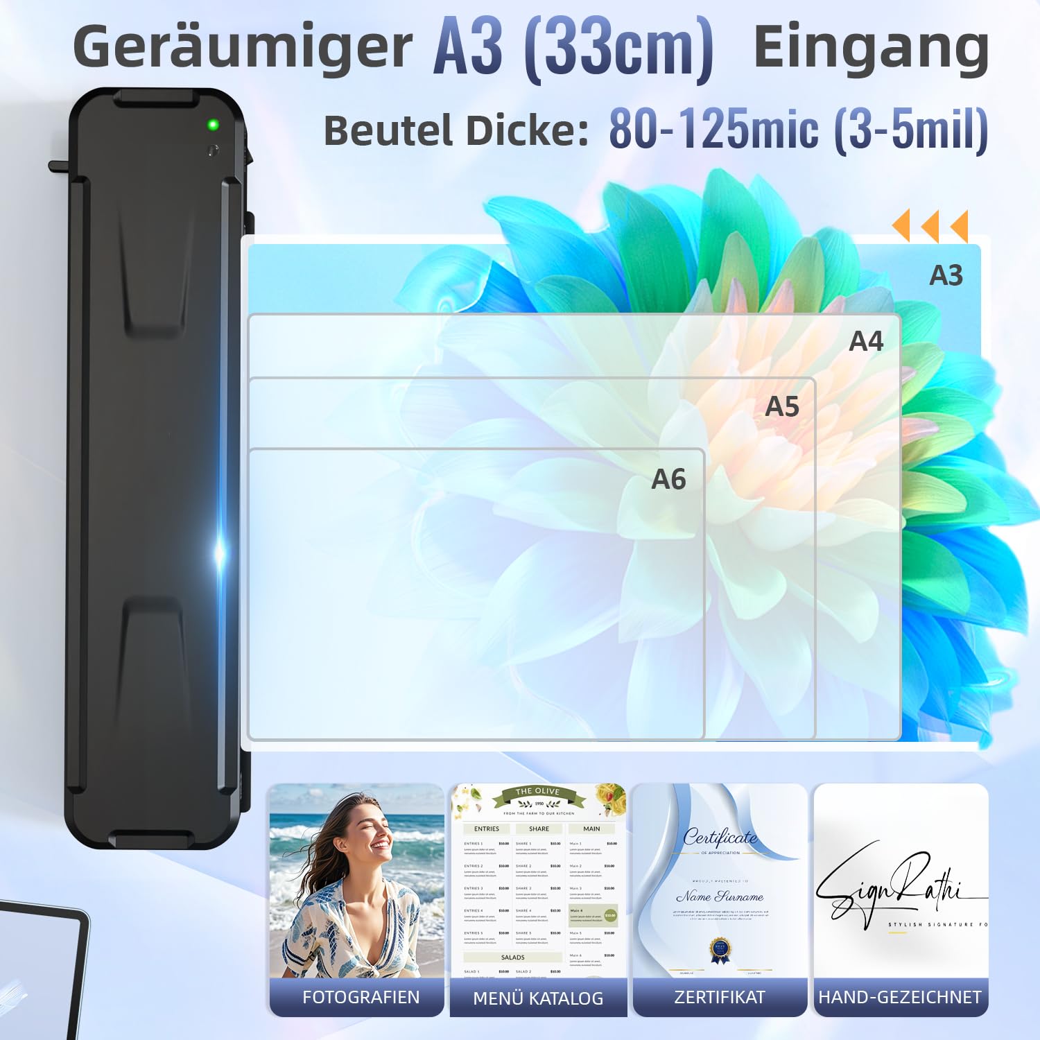 MAXDONE Laminiergerät A3, Laminiergerät, 2-Walzen System mit Papierschneider & Eckrunde, Heiß und Kalt Laminator Smooth Bubble-free, Laminiermaschine für A3 A4 A5 A6 Foto Dokumente in Schule, Büro