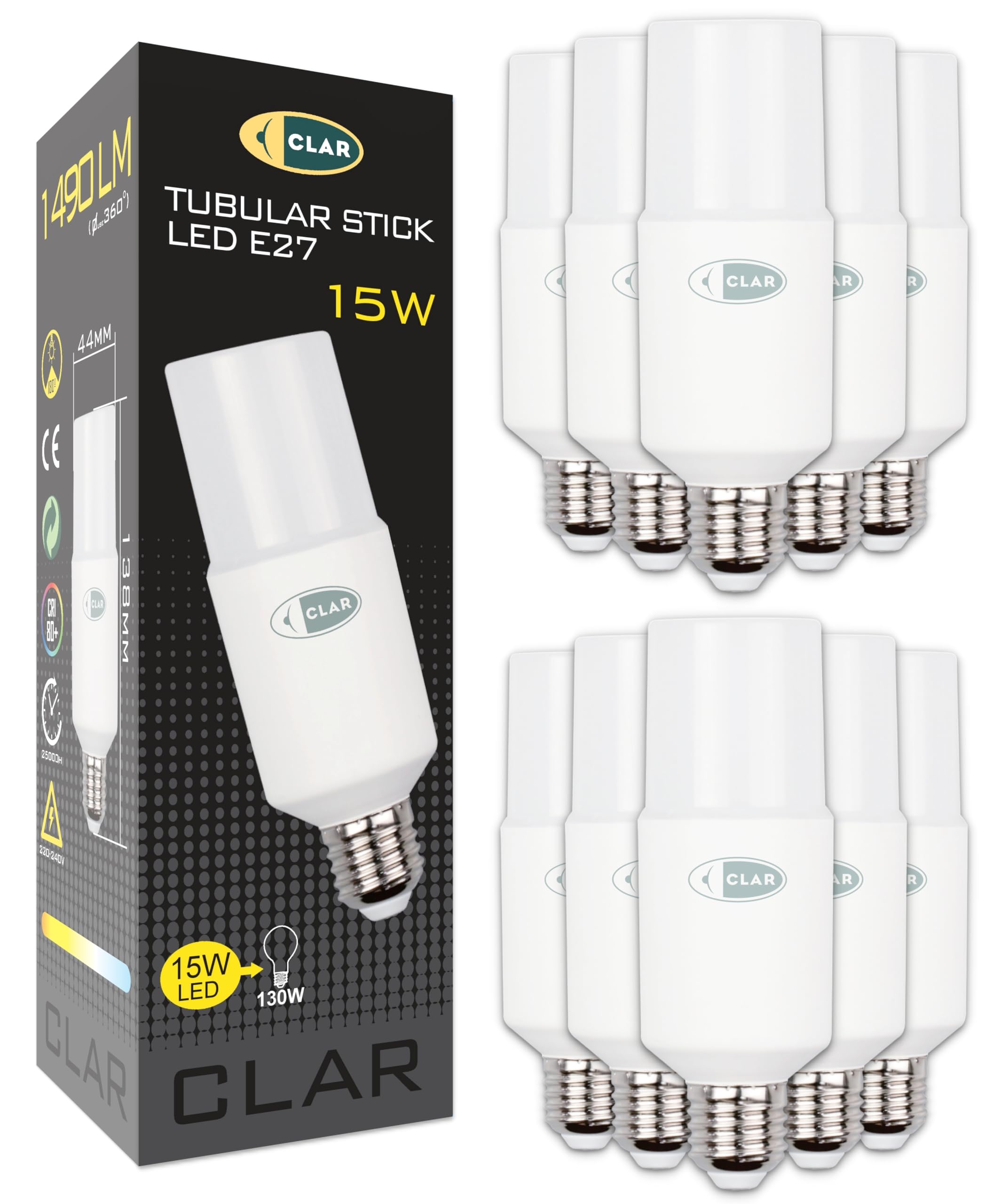 CLAR - Bombilla LED E27 Luz Neutra 4000K, Tubular 15W (Pack 10)