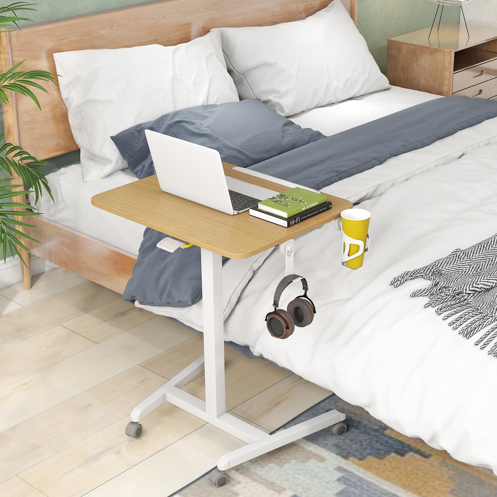 COSTWAY Beistelltisch höhenverstellbar mit Rollen, Stehtisch mit 90° neigbarer Tischplatte, Haken und Becherhalter, Stehpult, Laptoptisch für Wohnzimmer, Schlafzimmer