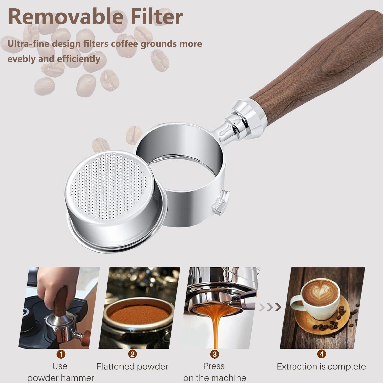 Bezdenny wkład 51 mm, 3 Ears Bottomless Portafilter z Dedica EC680/EC685/EC785/EC820/EC850/EC860, sitko ze stali nierdzewnej z uchwytem z czerwonego drewna kwasowego
