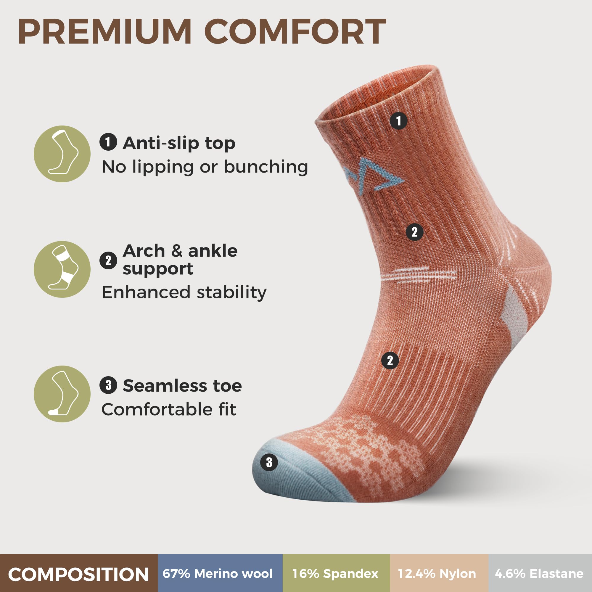 innotree Calcetines de senderismo de lana merino para mujer, calcetines térmicos de un cuarto de tobillo, absorben la humedad, 5 pares