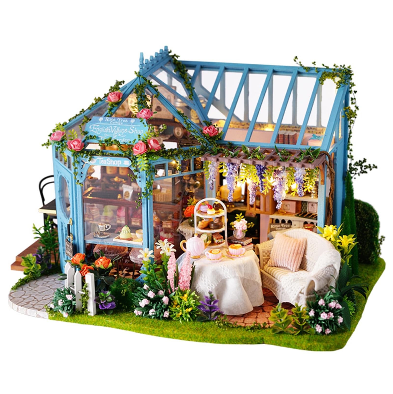 Hallisun DIY Miniature House Kit, Mini 3D Wooden Rose Garden Tea House Building Kit, Tiny Dollhouse with LED Lights & Dustproof Cover, Creative Handmade Craft House, Ideal Gift for Adults Teens