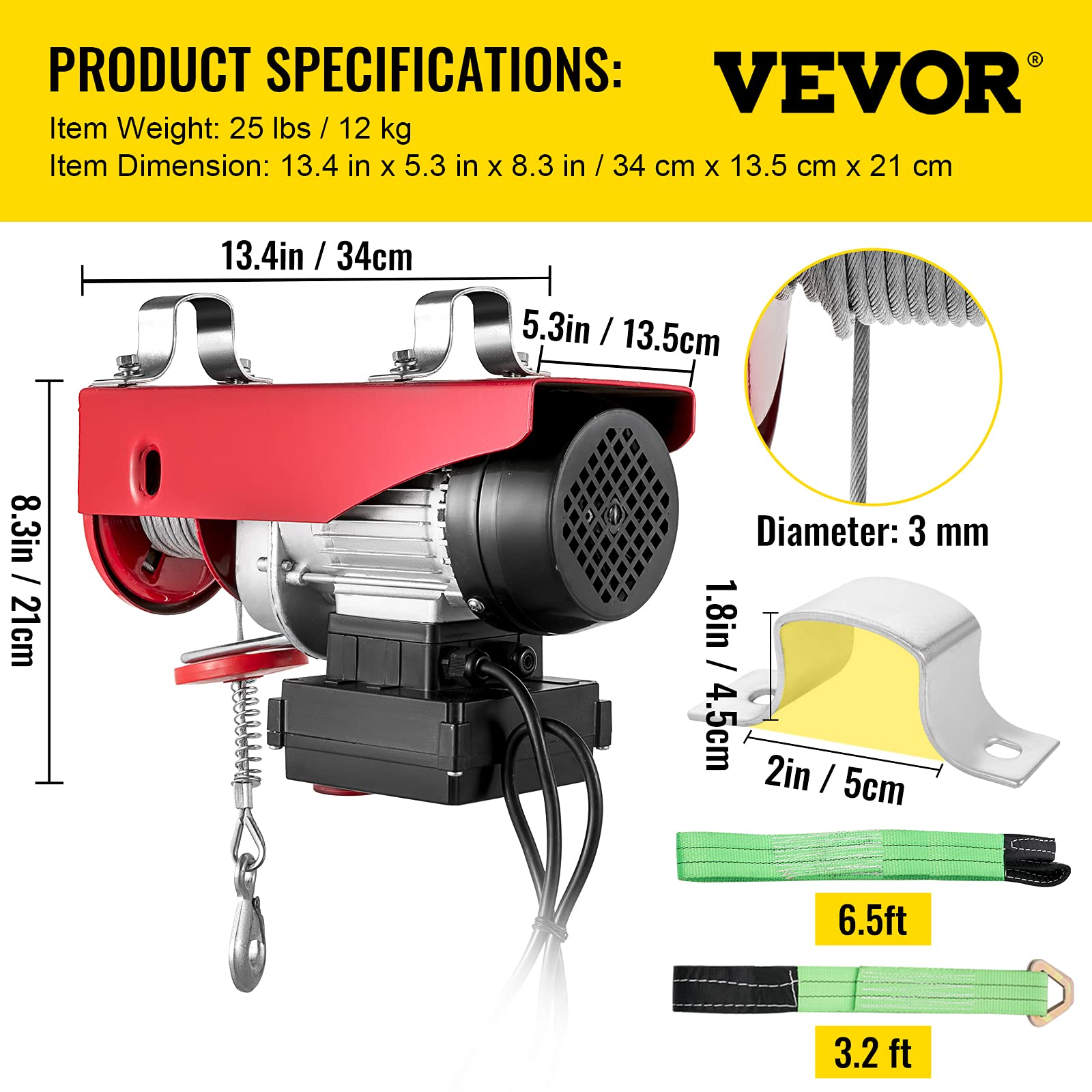 Vevor Polipasto Eléctrico 220 V / 600 W Capacidad de Carga 149 KG / 298 KG Cabrestante Eléctrico con Remoto Inalámbrico 12 m/min, 6 m/min Herramienta de Elevación para Talleres de Tienda Casera