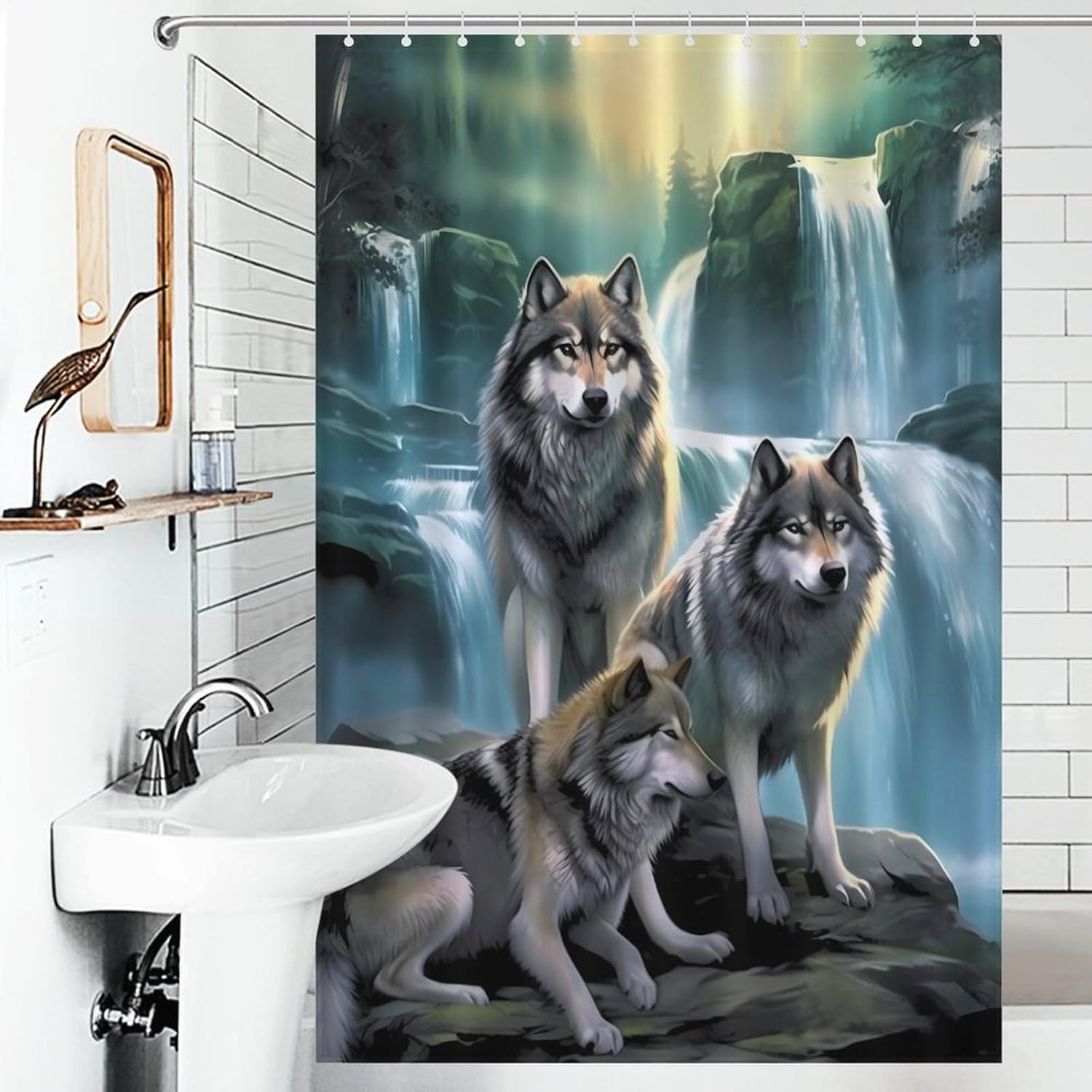 Wolf Sunrise Waterfall Funny Shower Curtains Washable Bath Curtain Liner with Hooks for Bathroom Bath Tubs