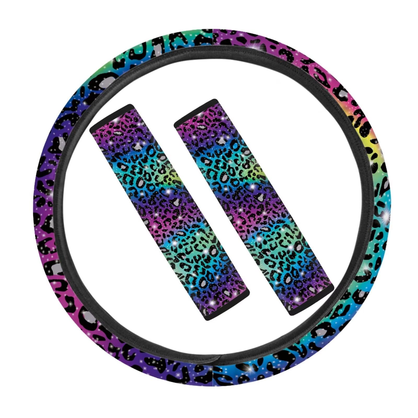 JOAIFO 15 Inch Steering Wheel Cover Set, 3Pcs Leopard Print Car Steering Wheel Protector and 2 Pack Seat Belt Pads Non-Slip Car Interior Decorations