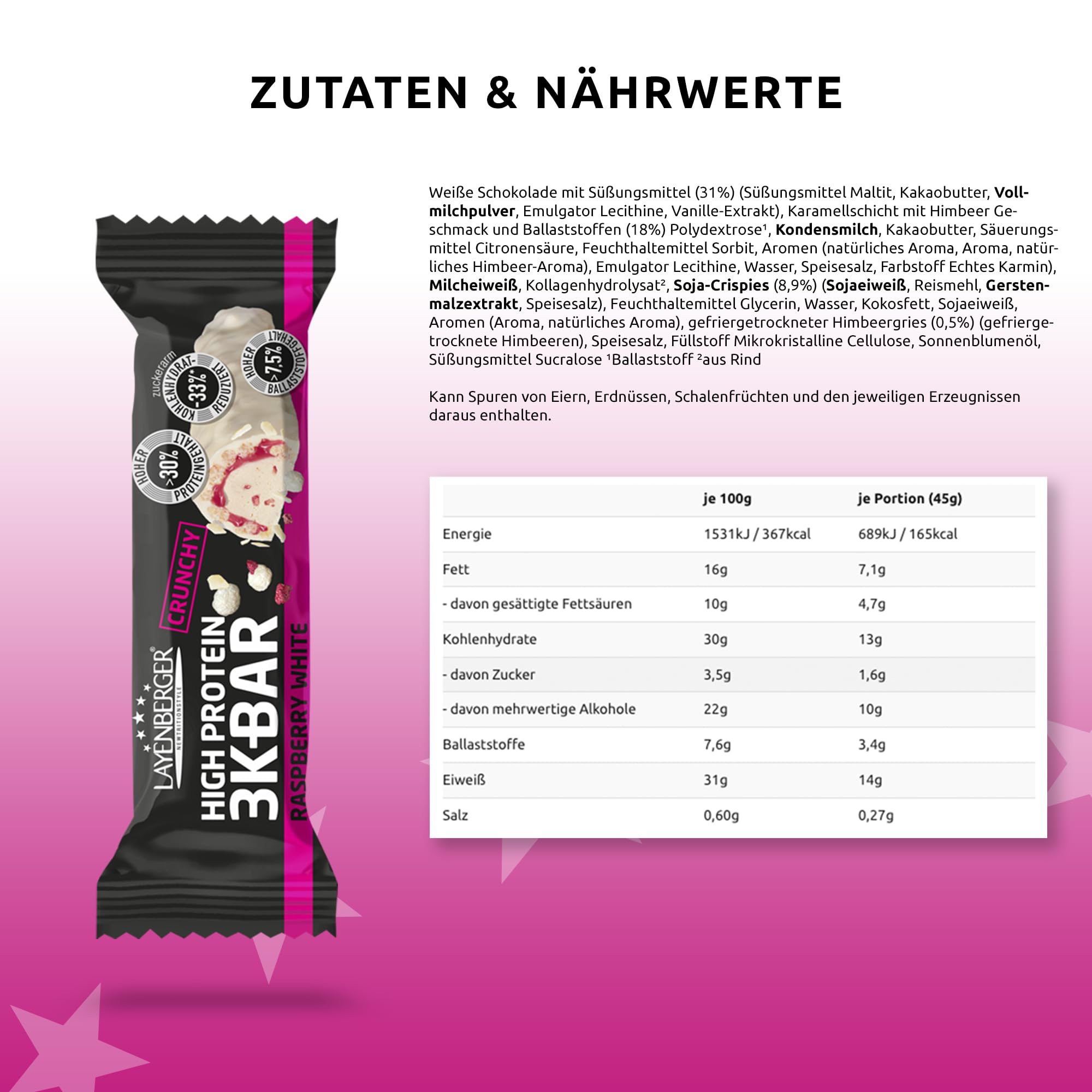 Layenberger 3K Protein Bar Crunchy - Fitness Riegel - viel Eiweiß, wenig Zucker - 15er Pack (15 x 45 g) - Raspberry White