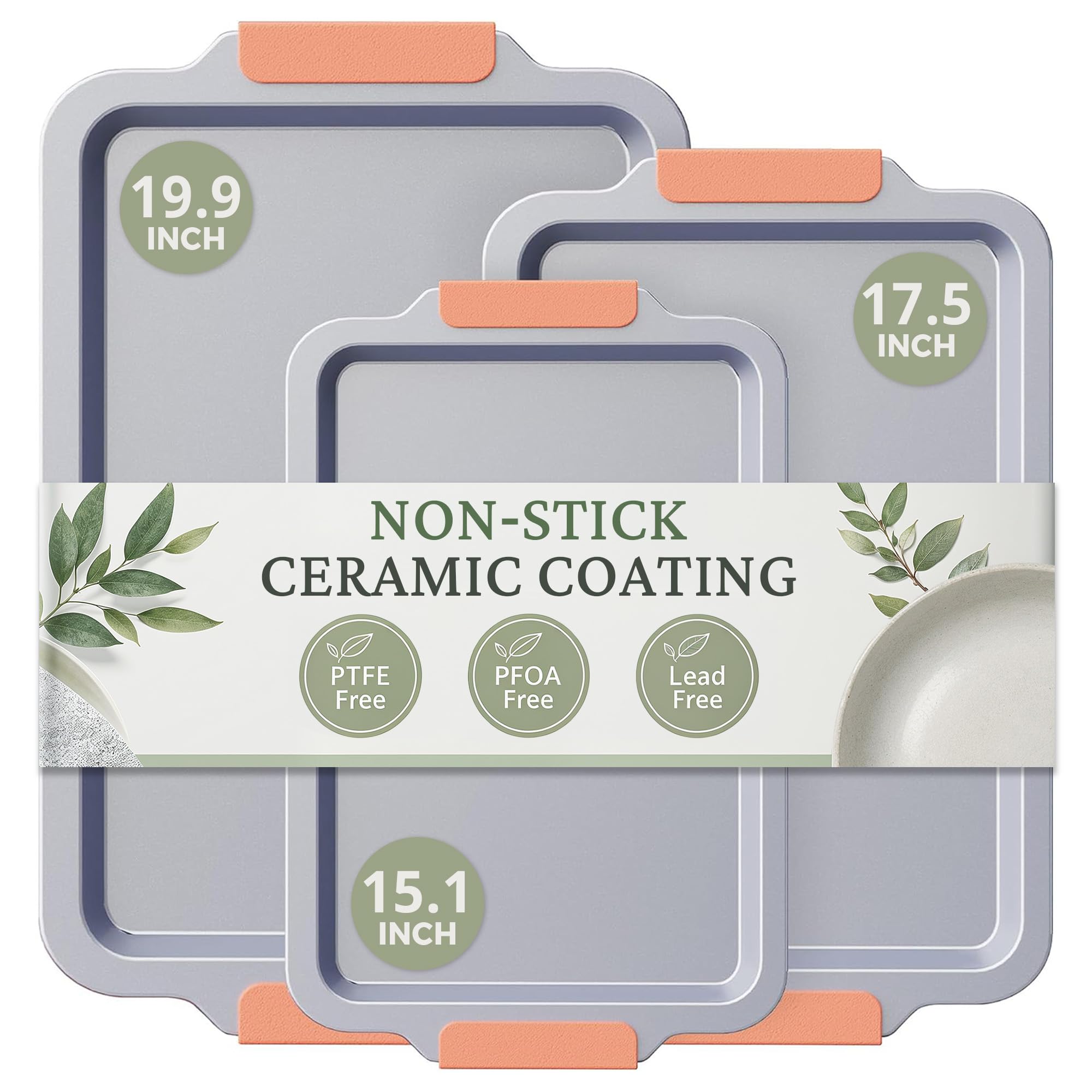 BRONYPRO Non Stick Ceramic Baking Sheet Pan Set of 3 Coral