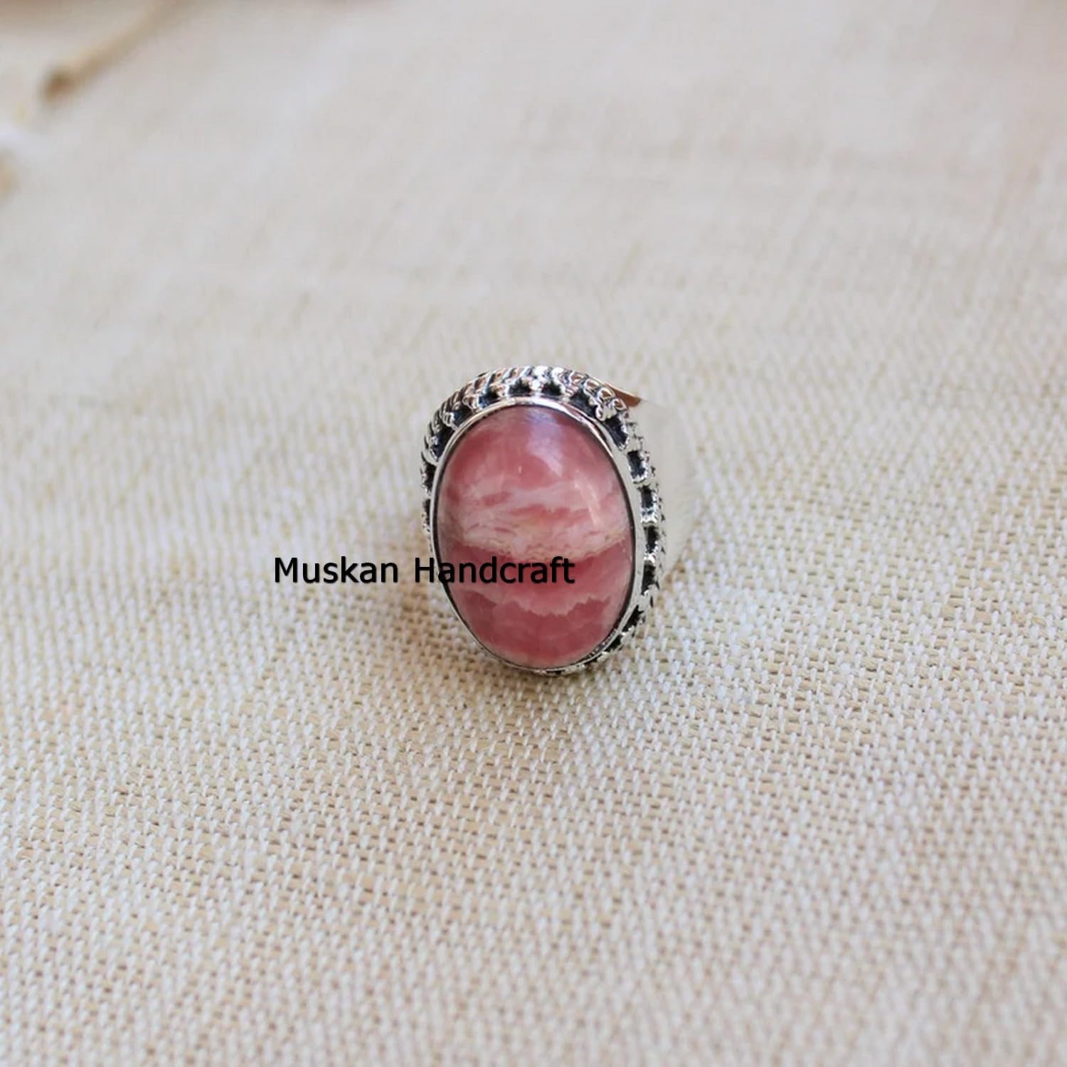 Unique Rhodochrosite Oval Gemstone Bohemian Ring for Women | Solid 925 Sterling Silver Handmade Statement Band | Perfect Christmas Gift Idea