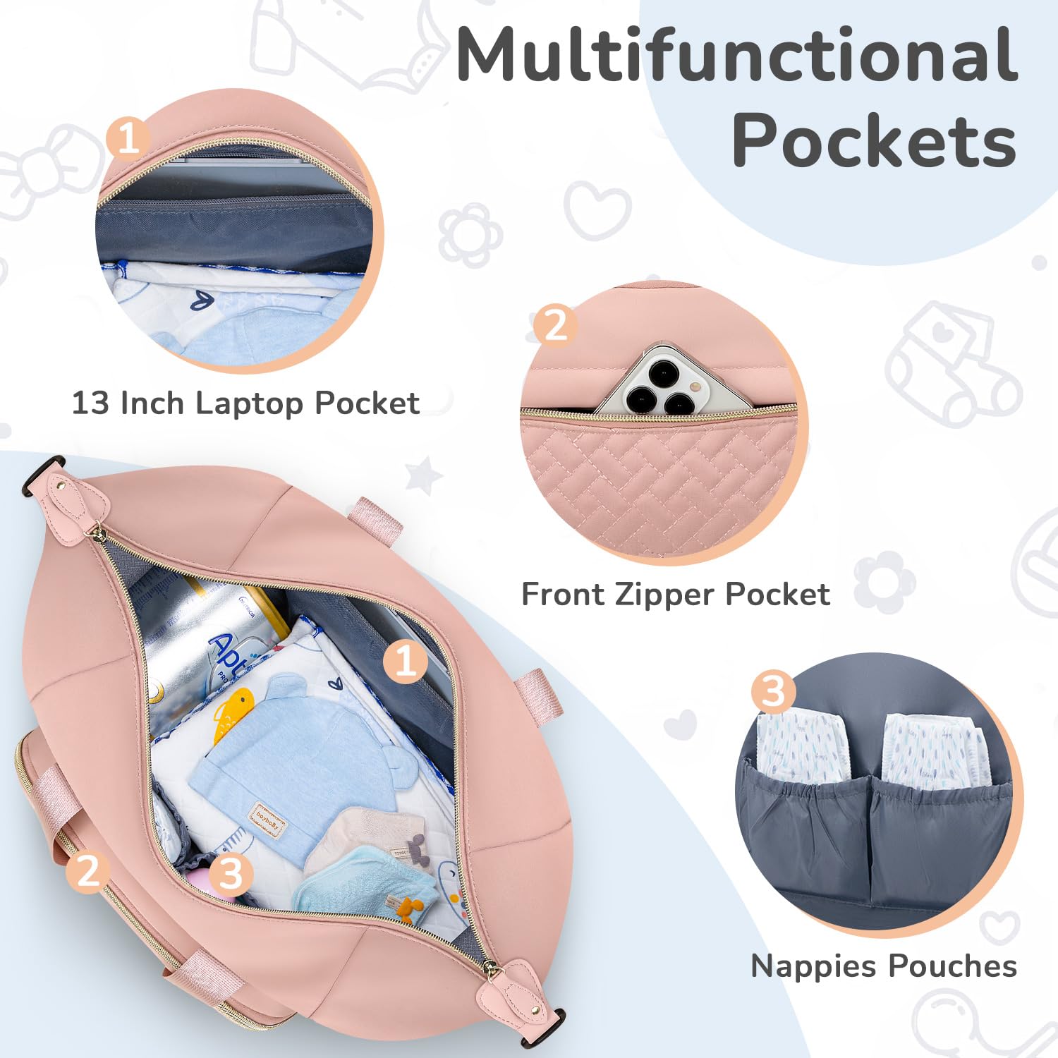 Diaper Bag Tote with Pacifier Case, Baby Bag for Women with Shoulder Straps, Travel Diaper Tote for for Mom and Dad Medium Size, Pink - Image 5