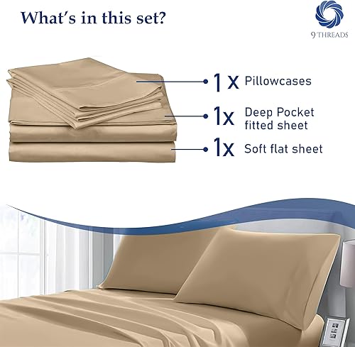 Miniatura 4 de 9Threads Sábanas de satén de 400 hilos, 100 % algodón, con bolsillo profundo, sábanas de algodón, frescas y fuertes (individual, beige)