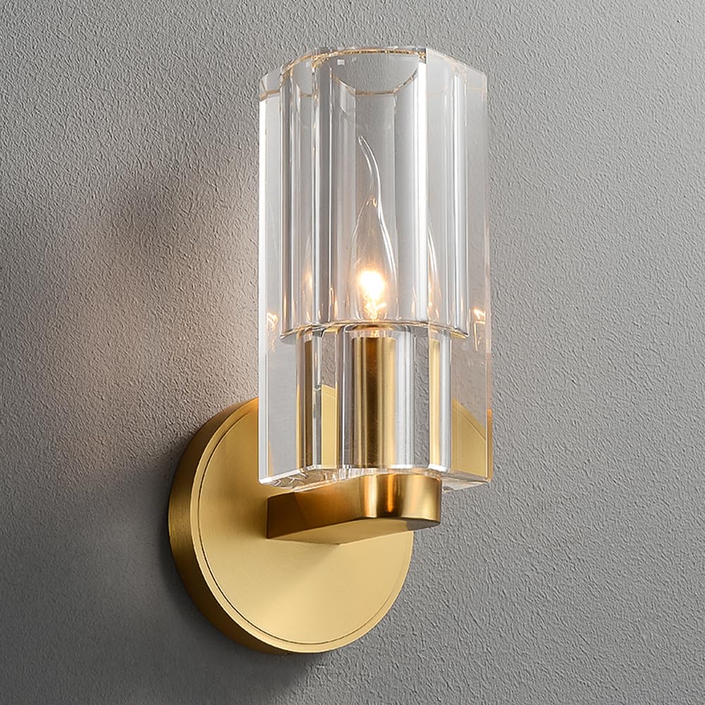 HPTHLY Vintage Brass Wall Sconced Bathroom Vanity Wall Light Fixture, E14 Bulbs Bathroom Sconce Wall Lighting, Crystal Glass Wall Lamps For Bedroom Living Ro