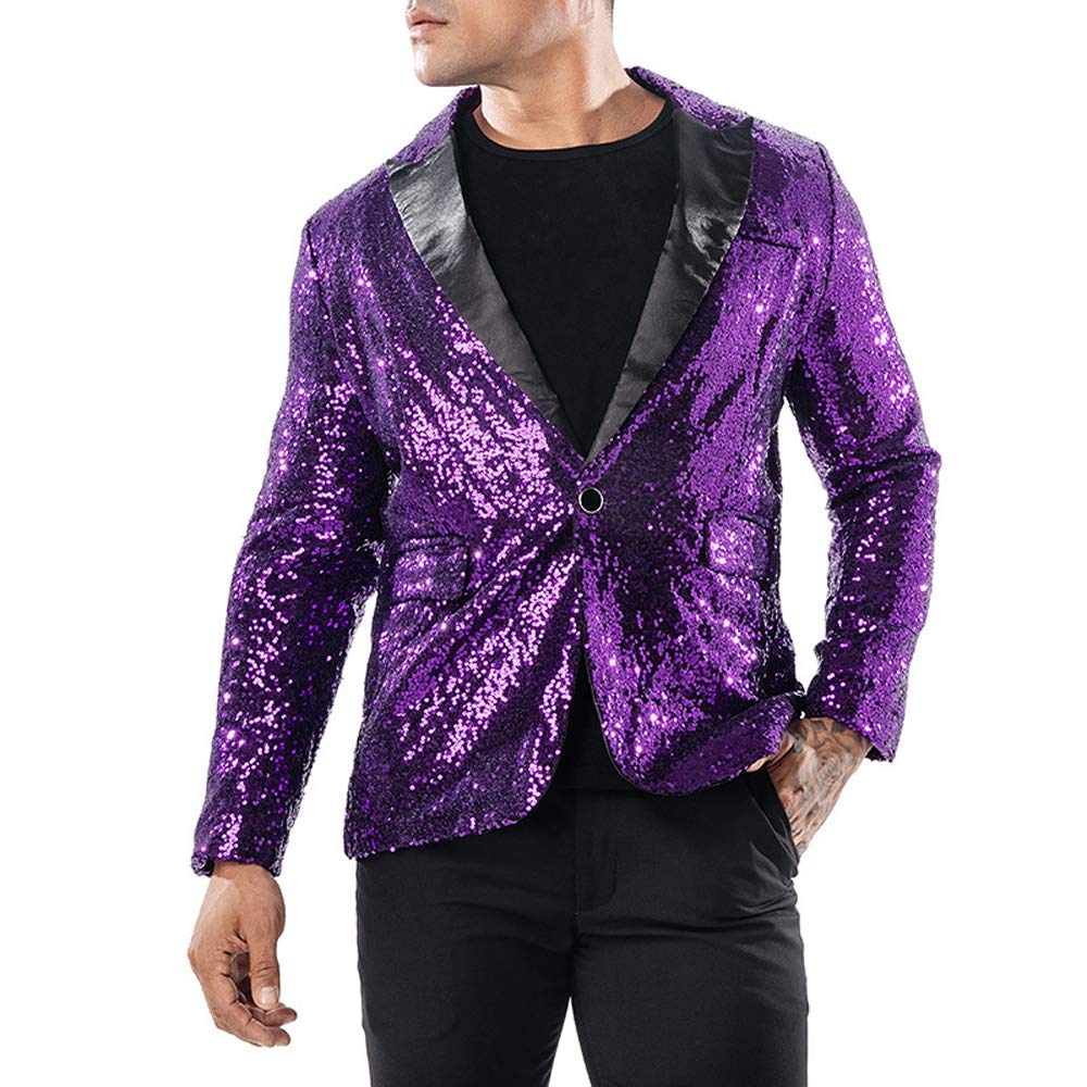 Annstar Mens Sequin One Button Fit Suit Jacket Metallic Casual Blazer Nightclub Style Long Sleeve Shiny Dance Tops Disco Varsity Bomber Shirt Party Costume (L, Purple)