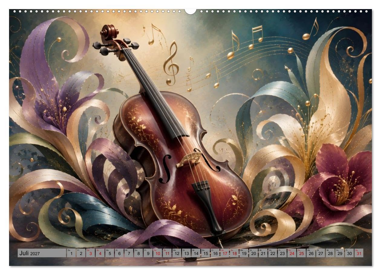 CALVENDO · Musikblüten - 12 Monate voller Klang (Kalender 2027) | DIN A2 Querformat · Premium-Wandkalender · Blütenkunst · Musikinstrumente, eingebettet in dekorative Fantasieblüten