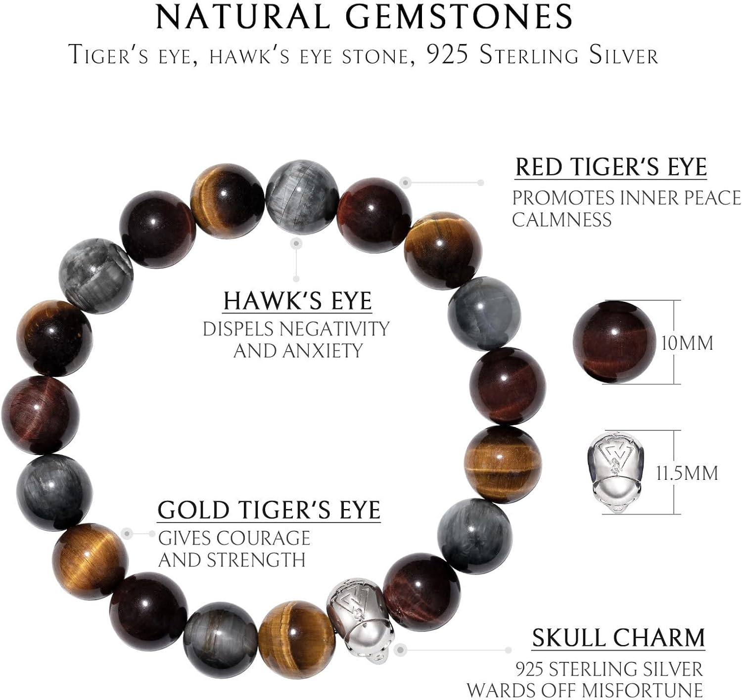 AWNL Men's Double Strand Bracelet Sterling Silver Skull Charm Natural Gemstones Dumortierite Volcanic Picasso Stones Gift for Men, 5.9''-7.5''