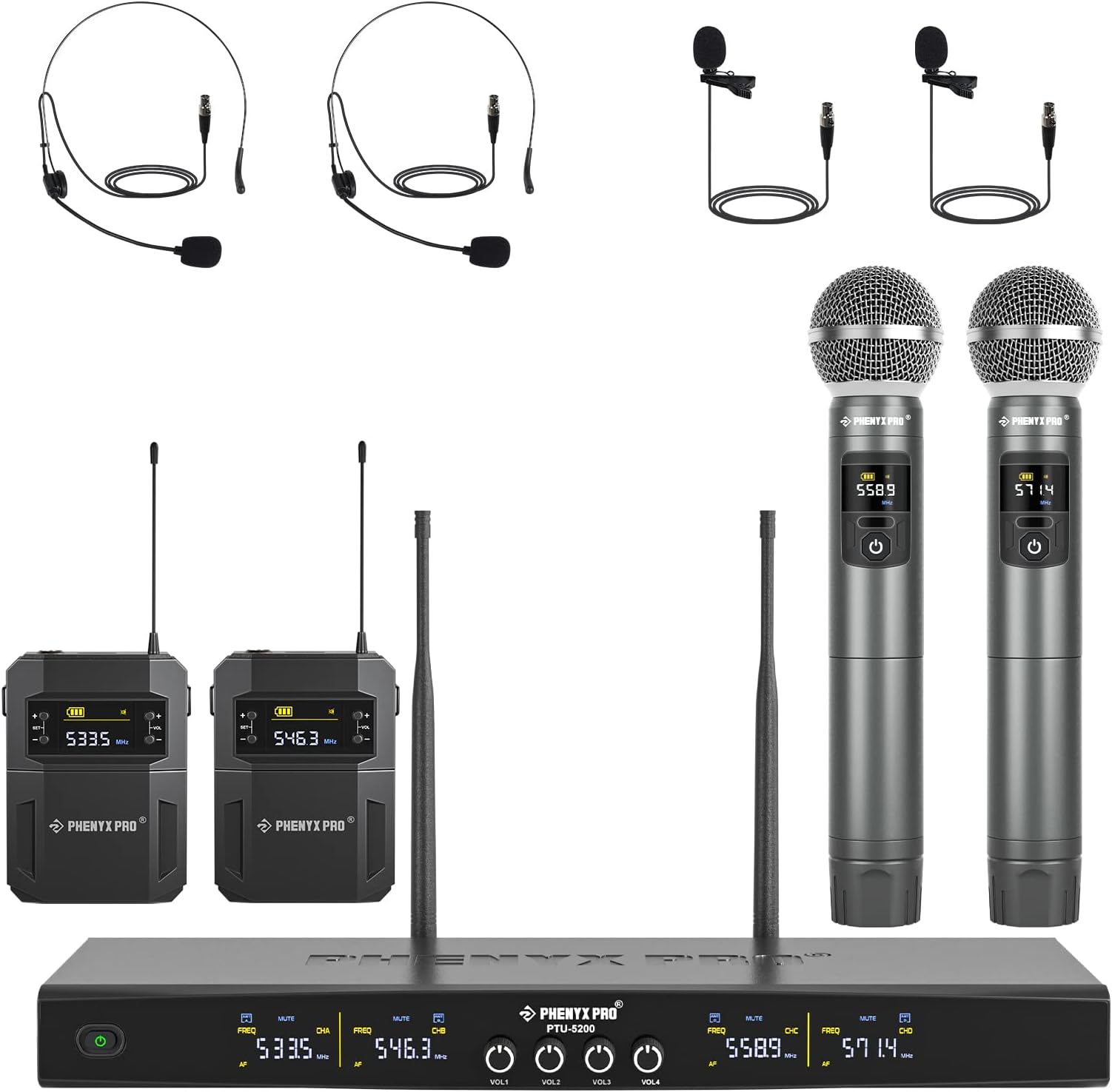 Wireless Microphone System, 4-Channel Wireless Mic Set with Handheld/Bodypack/Headset/Lapel Mics, Cordless Mic for Singing, Karaoke, Church (PTU-5200B)