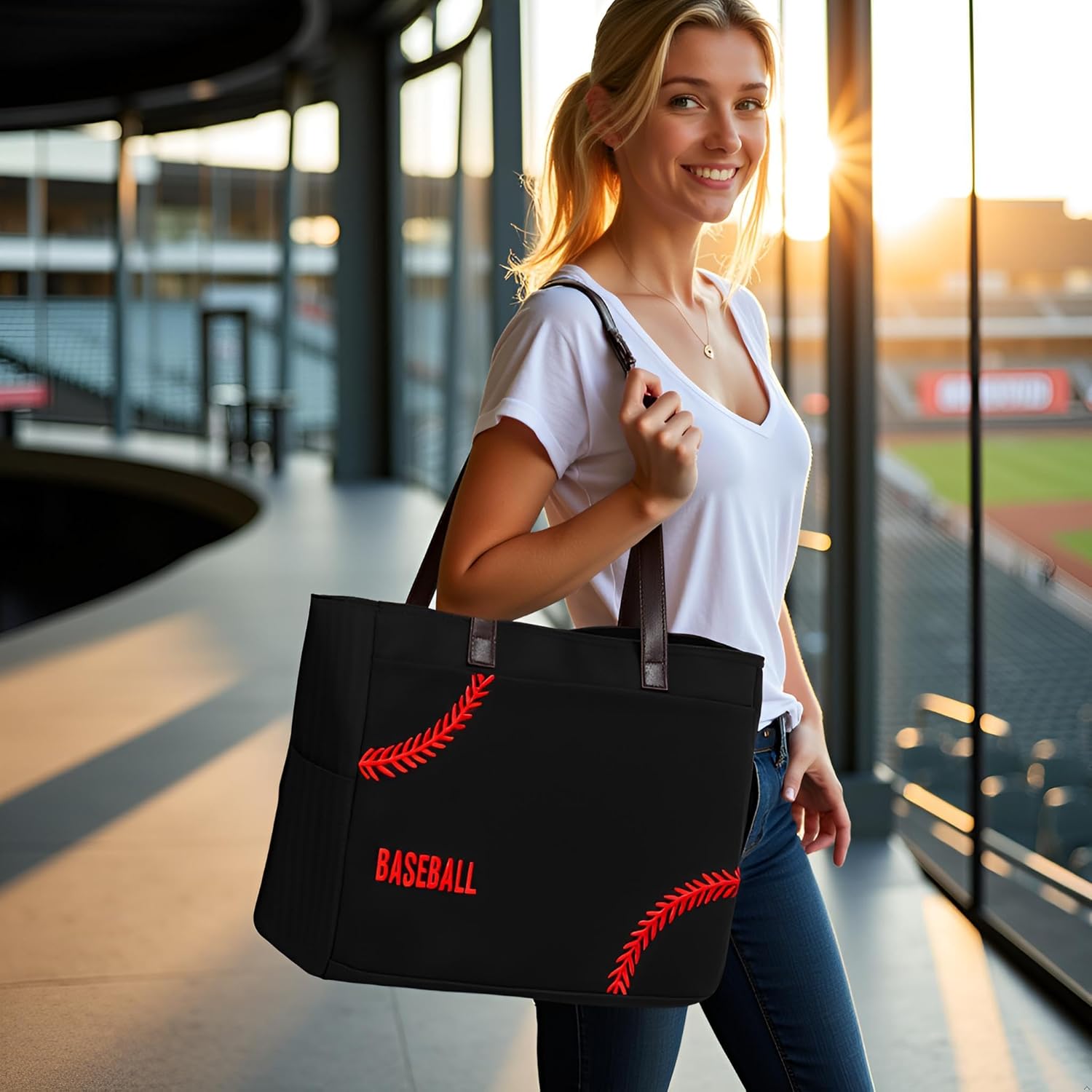 XL Baseball Mom Tote Bags For Women Canvas Utility Purse Handbag with Pockets baseball gifts for Women coaches (Black, X-Large)