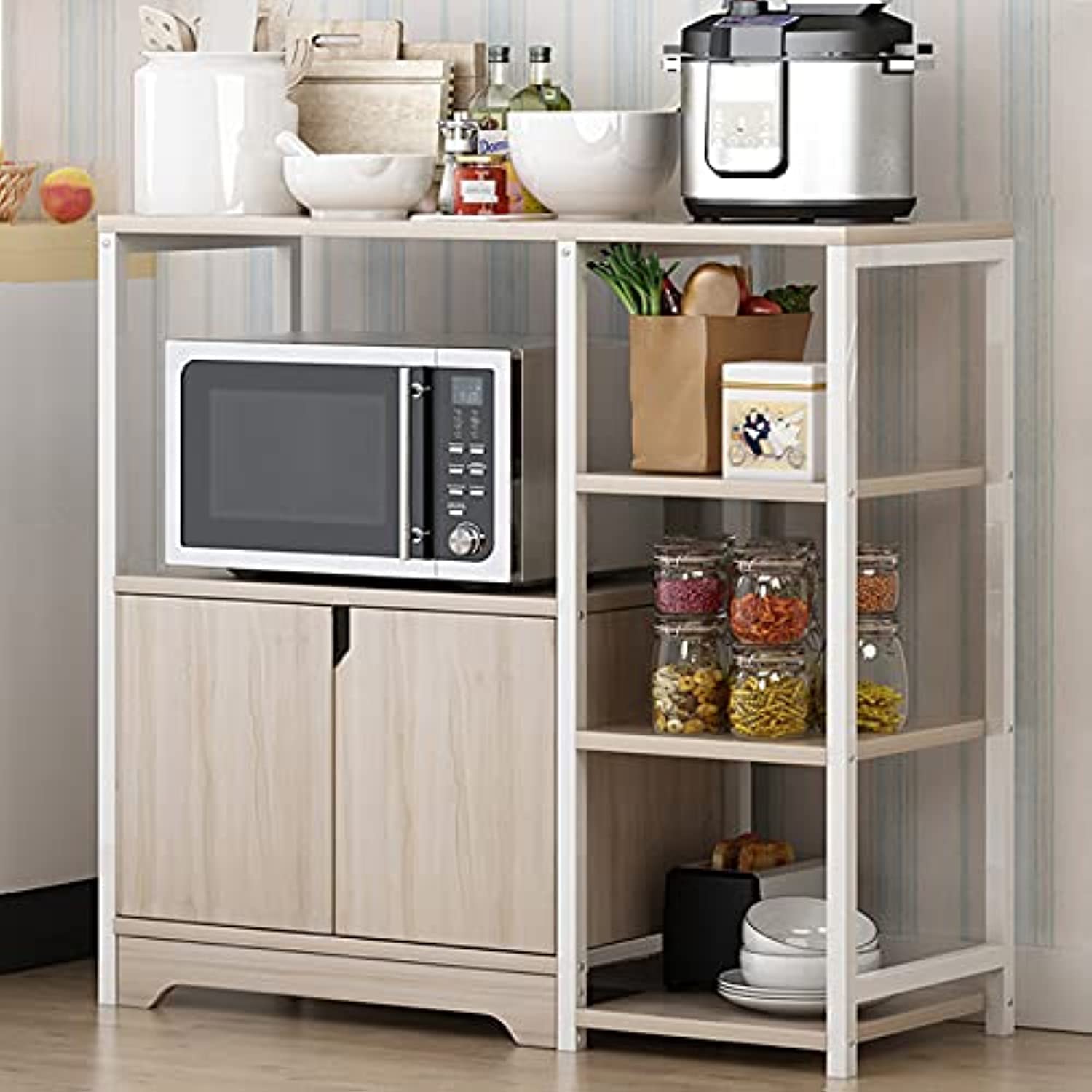 Kitchen Storage Rack 3-Tier Microwave Oven Stand with Cabinet,Multi-layer for Spice,Utensils, Vegetable, Fruit,beige